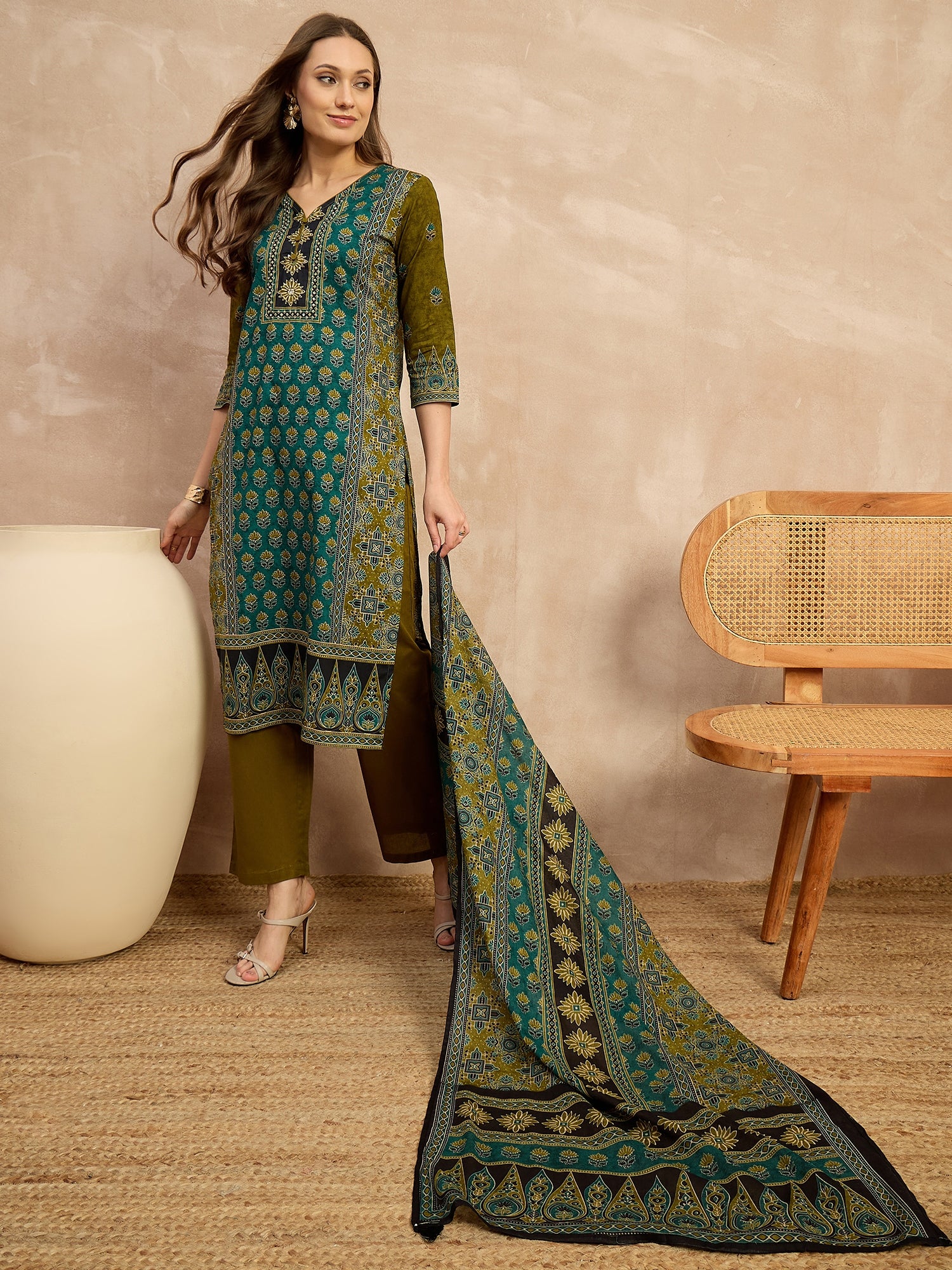 Women Ethnic Motifs Printed Mirror Work Pure Cotton Kurta with Trousers & Dupatta