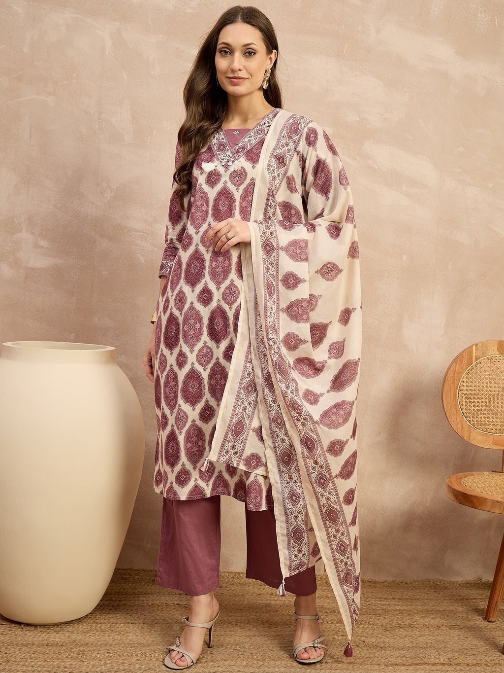 Women Ethnic Motifs Printed Regular Pure Cotton Kurta with Trousers & With Dupatta