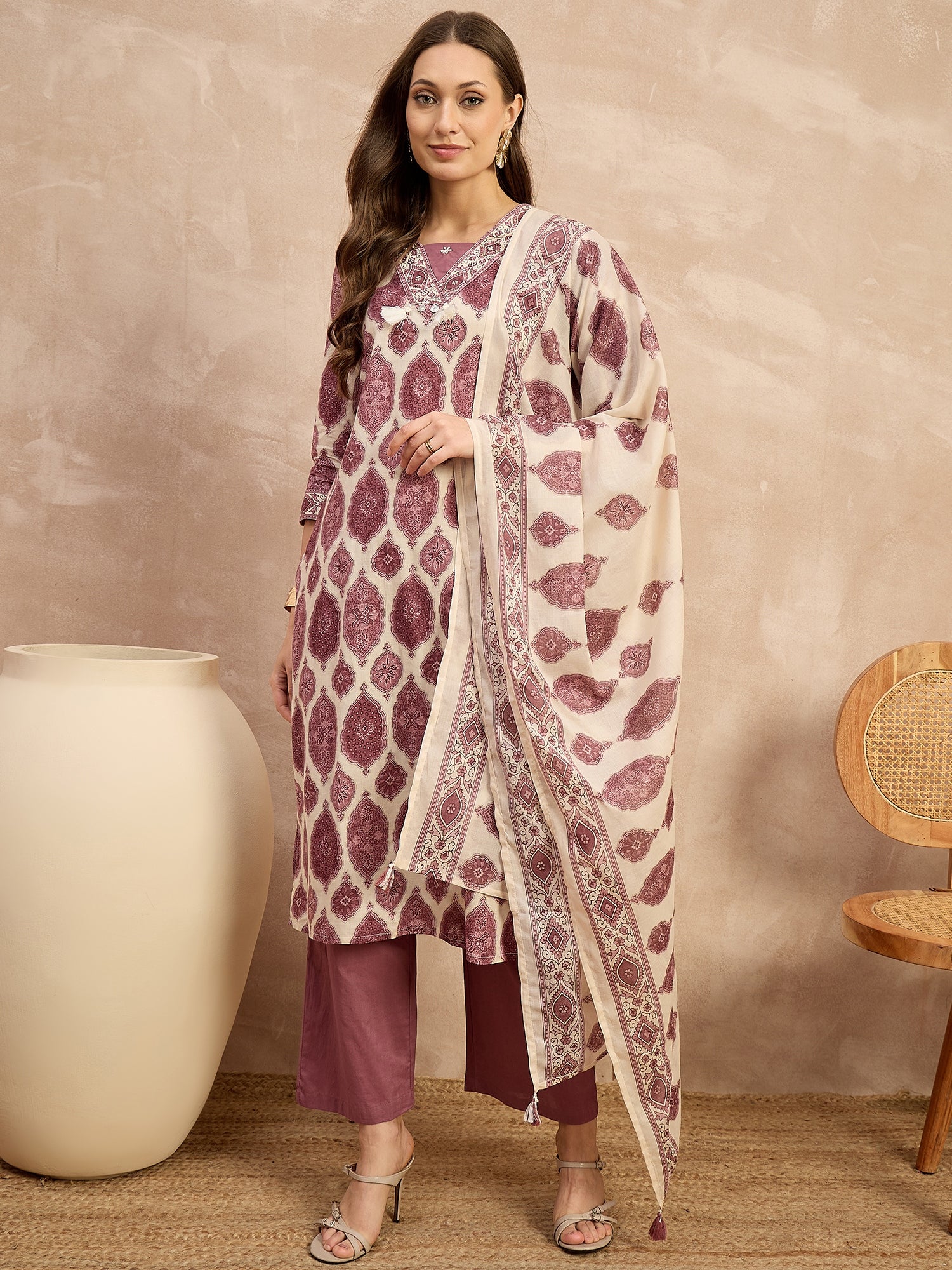 Women Ethnic Motifs Printed Regular Pure Cotton Kurta with Trousers & With Dupatta