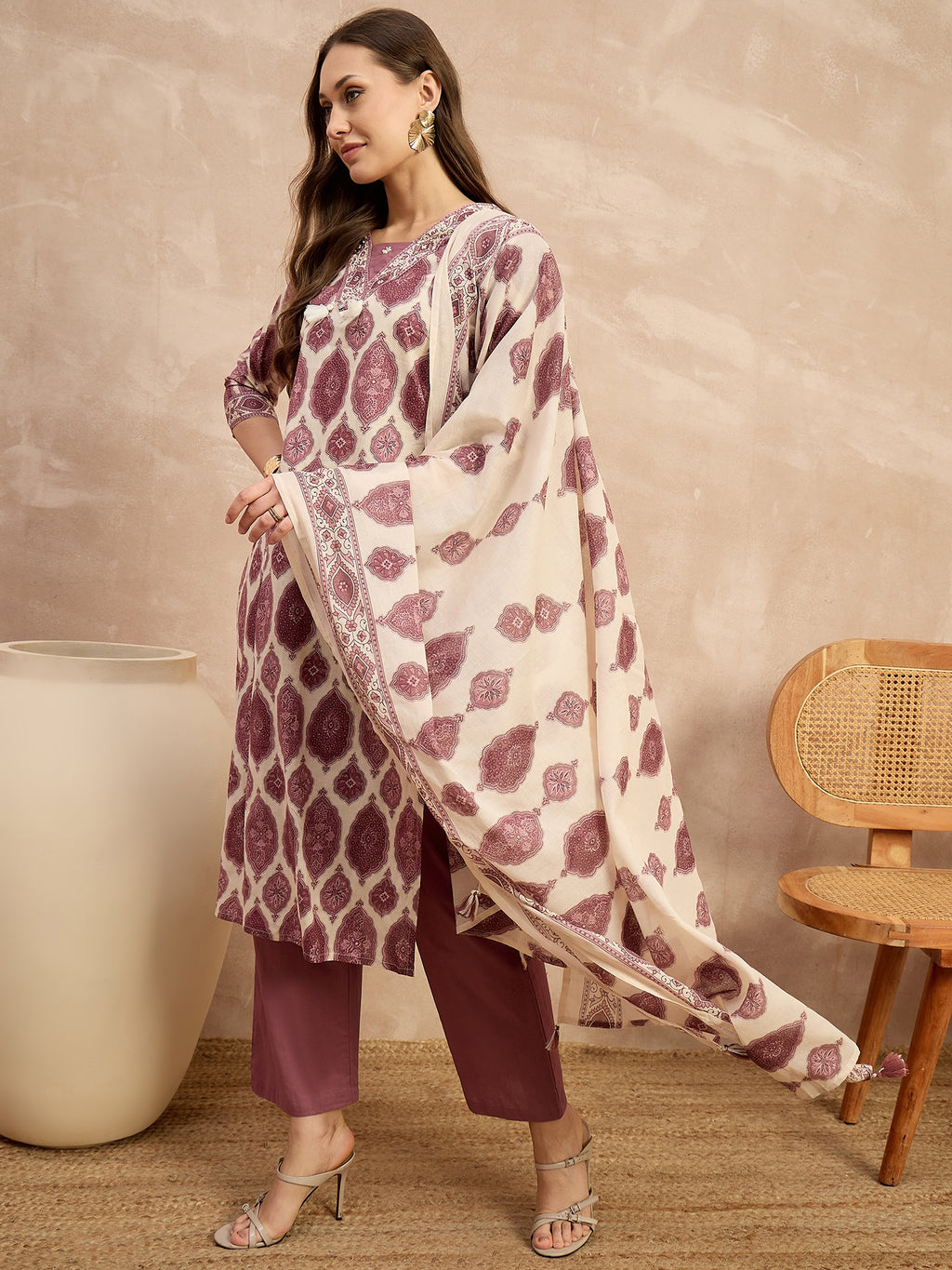 Women Ethnic Motifs Printed Regular Pure Cotton Kurta with Trousers & With Dupatta