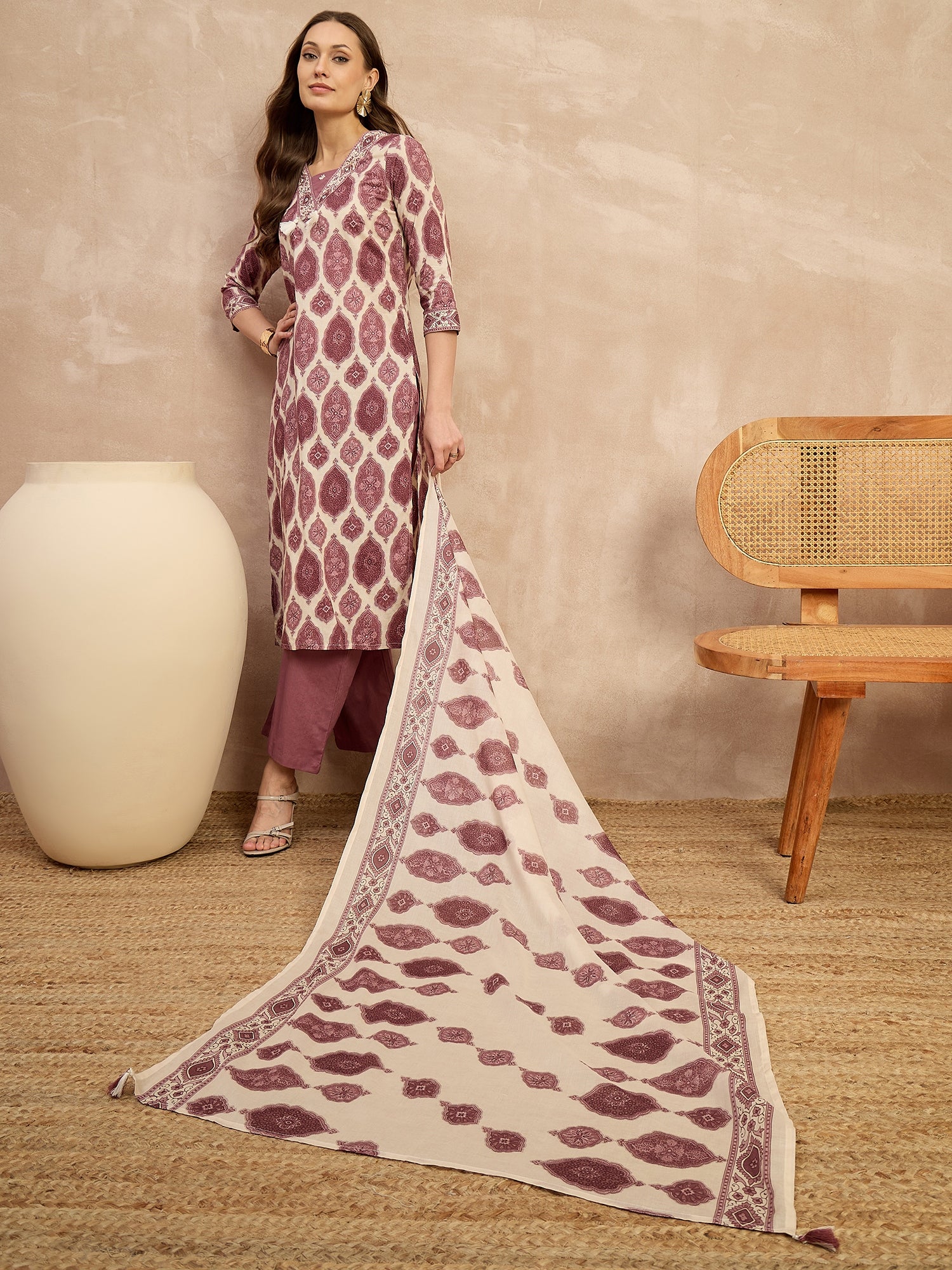 Women Ethnic Motifs Printed Regular Pure Cotton Kurta with Trousers & With Dupatta