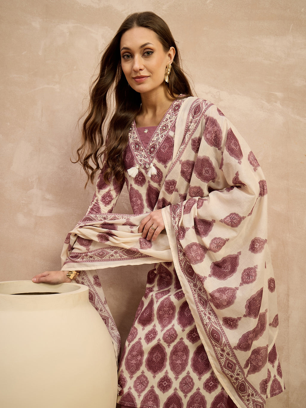 Women Ethnic Motifs Printed Regular Pure Cotton Kurta with Trousers & With Dupatta
