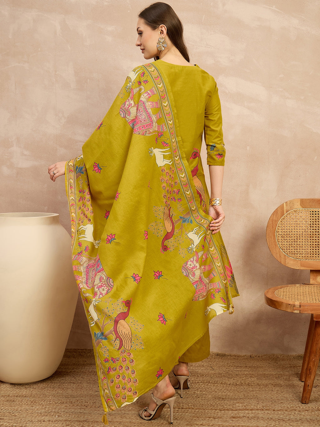 Women Ethnic Motifs Printed Regular Thread Work Pure Cotton Kurta with Trousers & With Dupatta