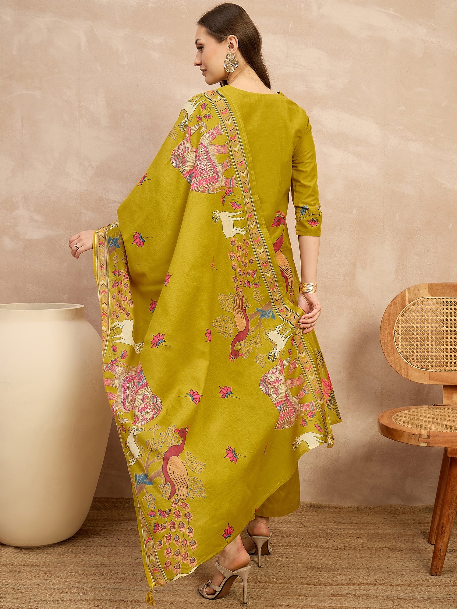 Women Ethnic Motifs Printed Regular Thread Work Pure Cotton Kurta with Trousers & With Dupatta