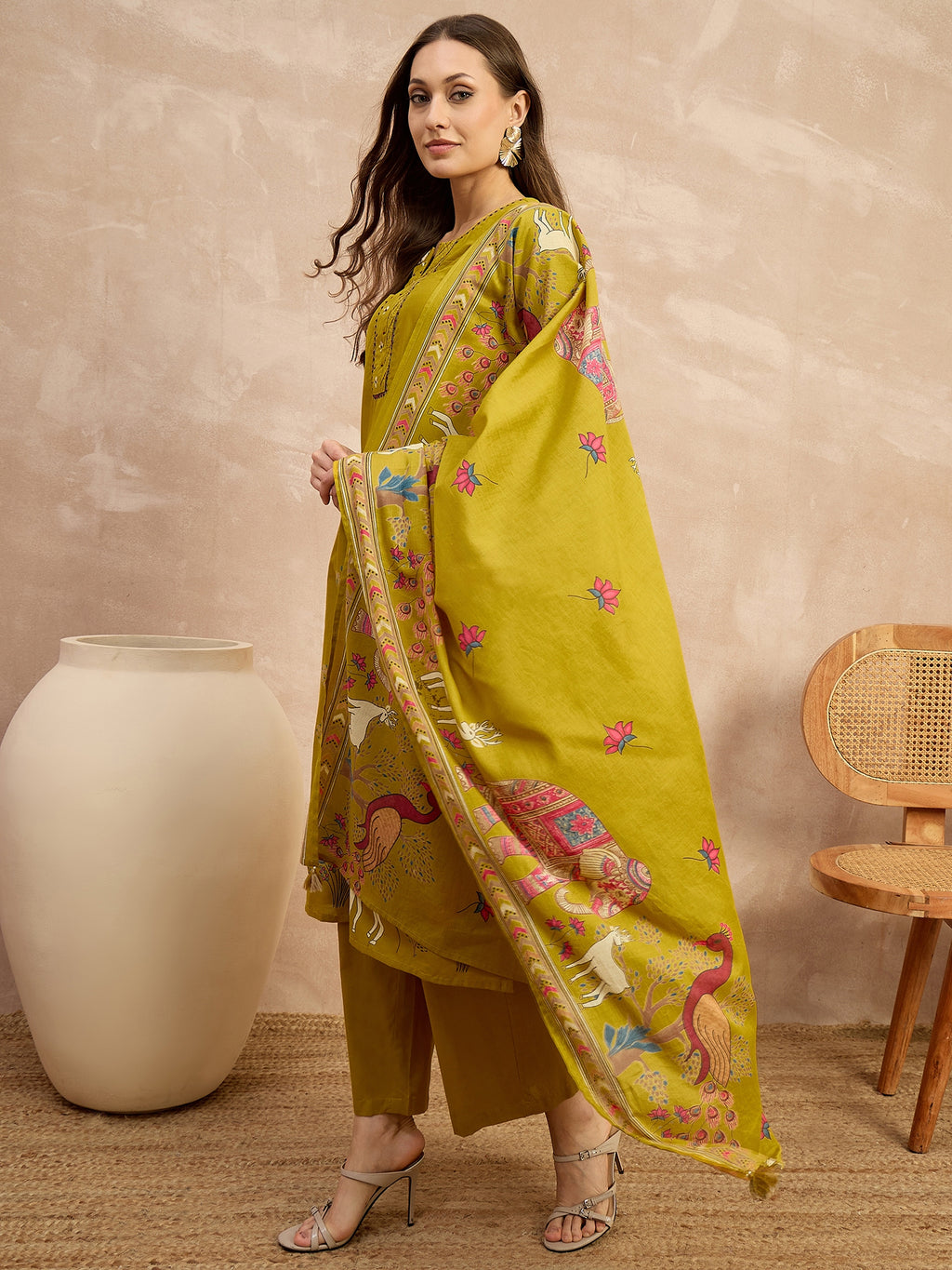 Women Ethnic Motifs Printed Regular Thread Work Pure Cotton Kurta with Trousers & With Dupatta