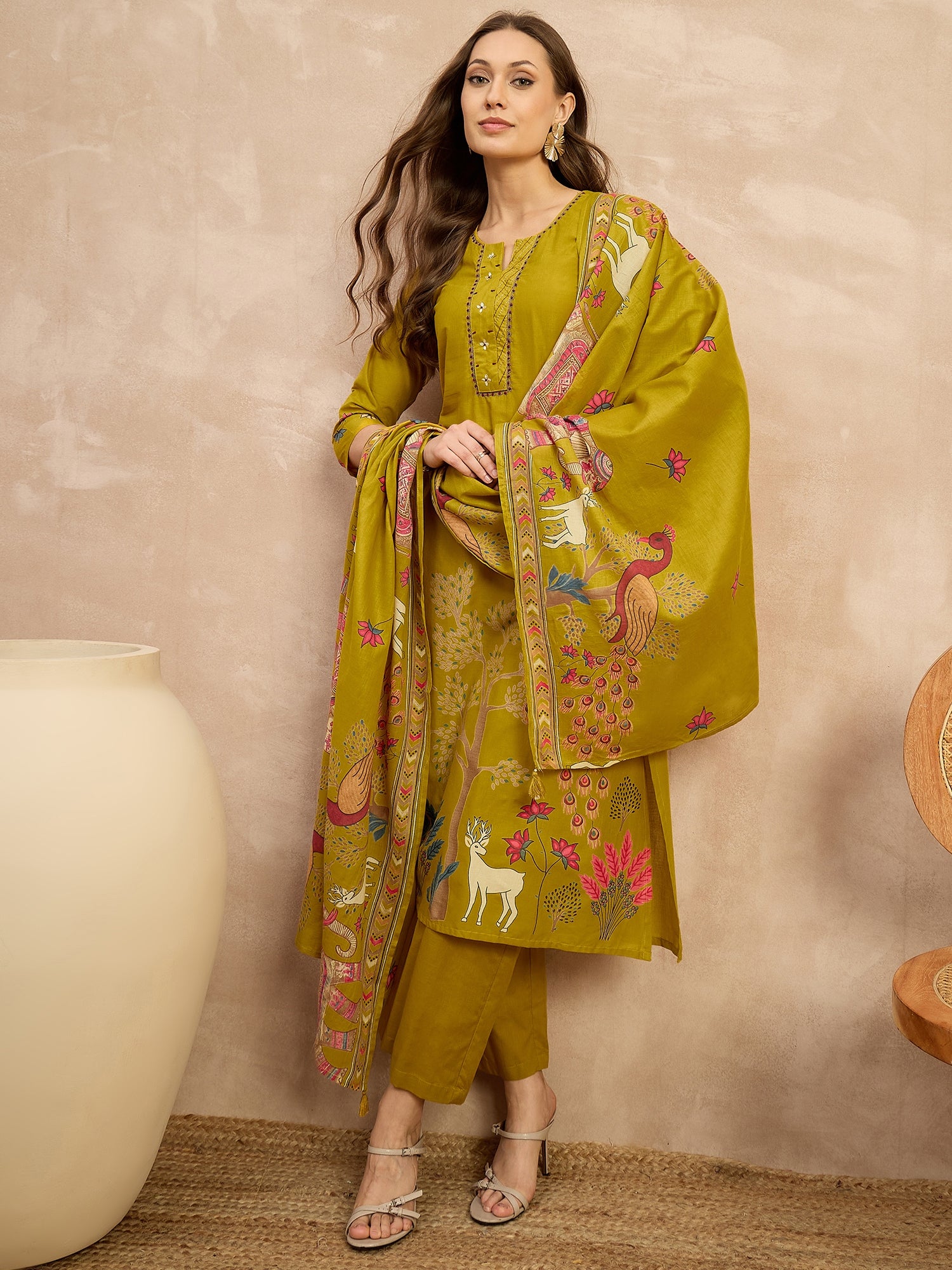 Women Ethnic Motifs Printed Regular Thread Work Pure Cotton Kurta with Trousers & With Dupatta