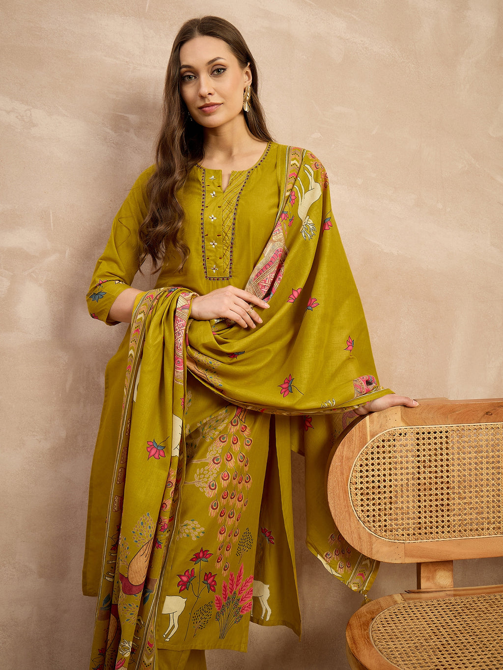 Women Ethnic Motifs Printed Regular Thread Work Pure Cotton Kurta with Trousers & With Dupatta