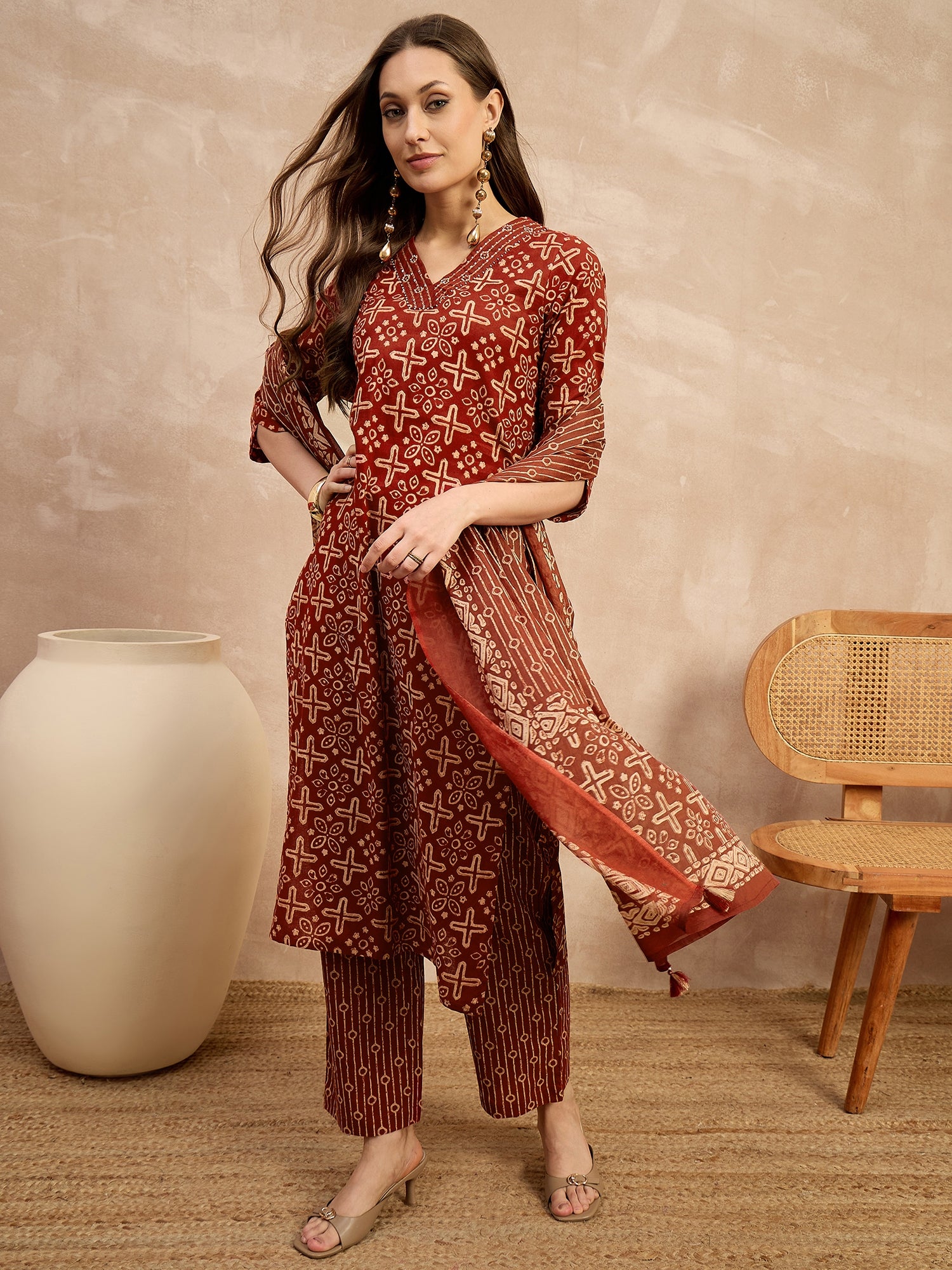 Women Ethnic Motifs Printed Regular Pure Cotton Kurta with Trousers & With Dupatta