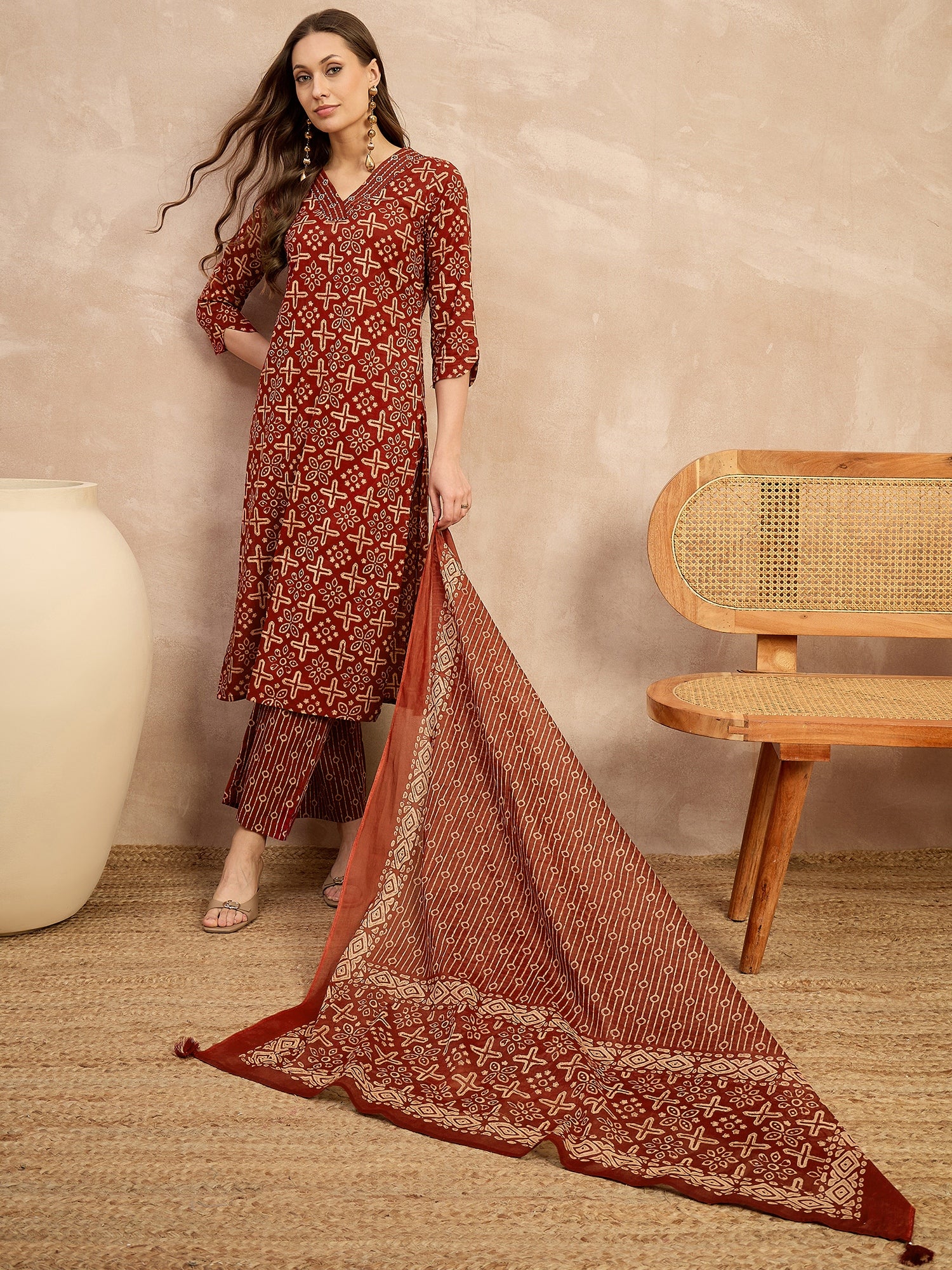 Women Ethnic Motifs Printed Regular Pure Cotton Kurta with Trousers & With Dupatta