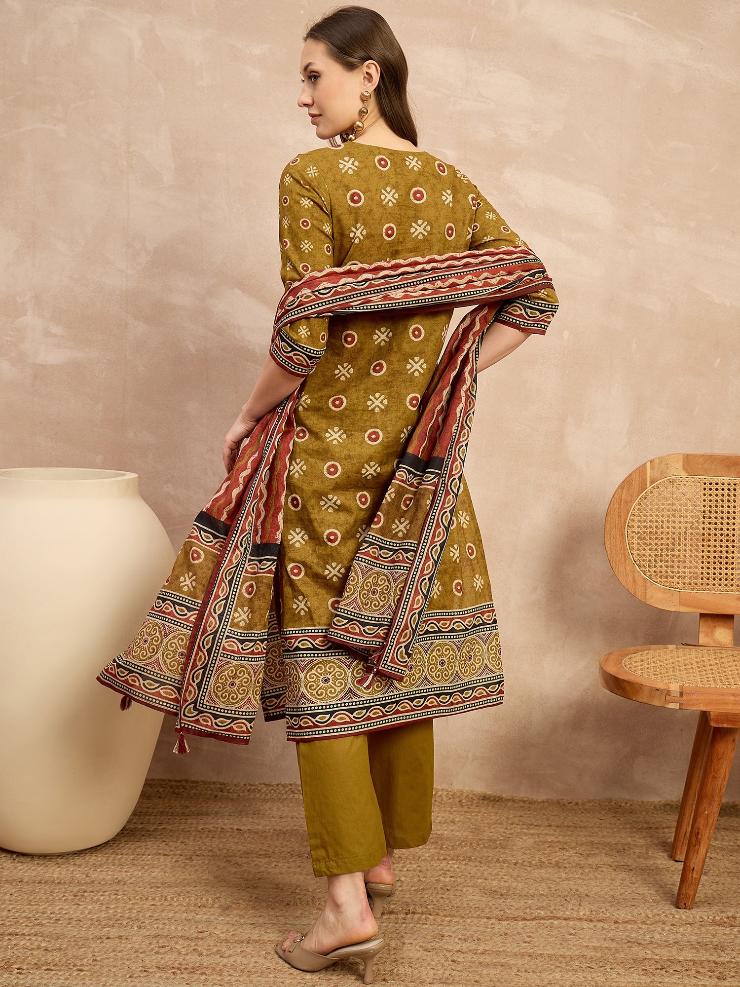 Women Ethnic Motifs Printed Regular Thread Work Pure Cotton Kurta with Trousers & With Dupatta