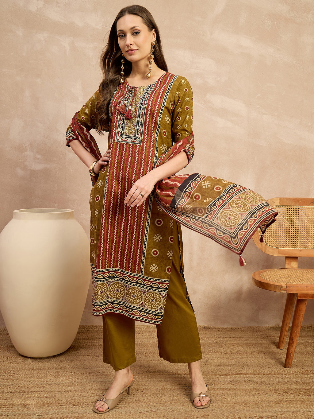 Women Ethnic Motifs Printed Regular Thread Work Pure Cotton Kurta with Trousers & With Dupatta