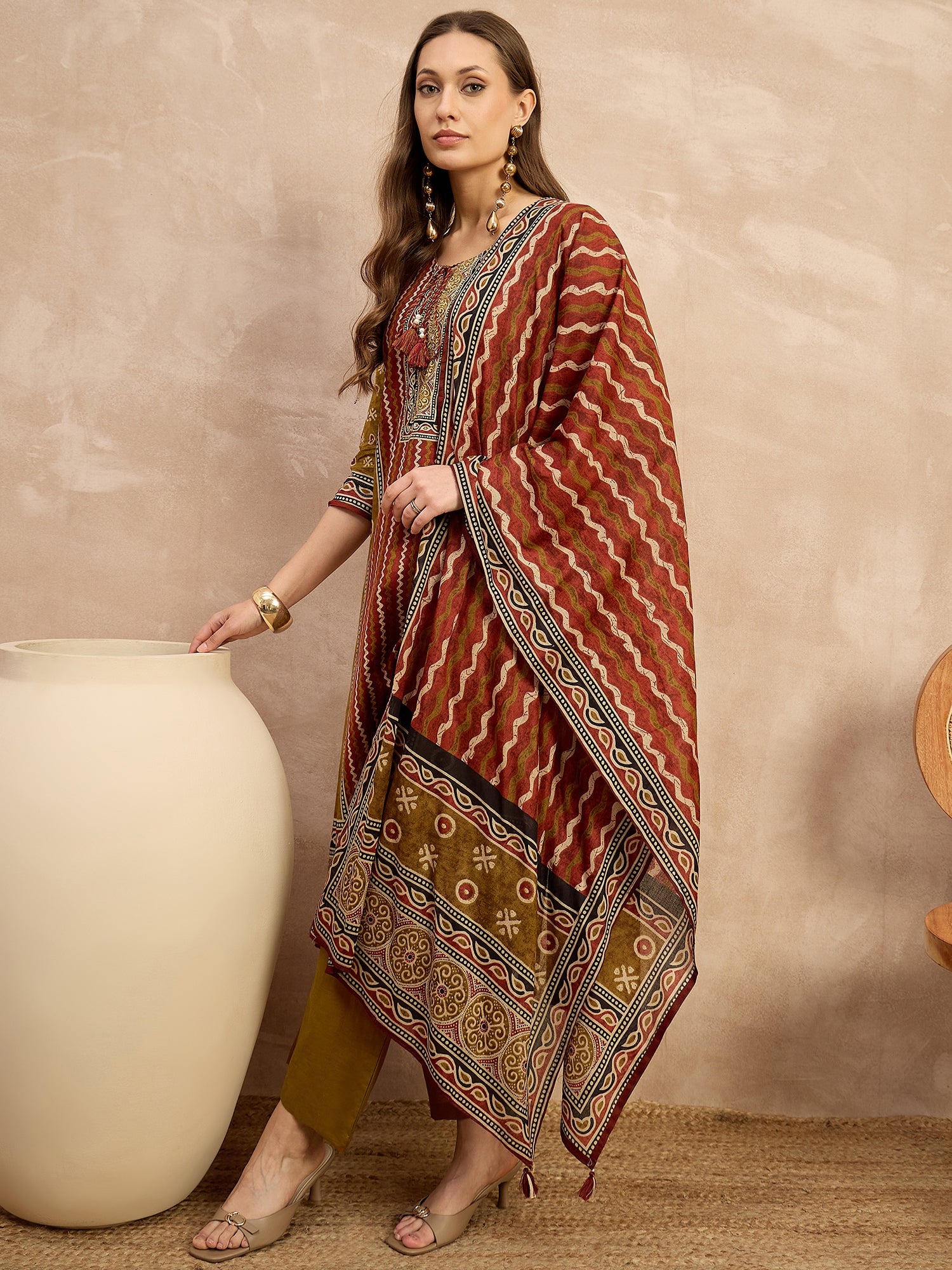 Women Ethnic Motifs Printed Regular Thread Work Pure Cotton Kurta with Trousers & With Dupatta