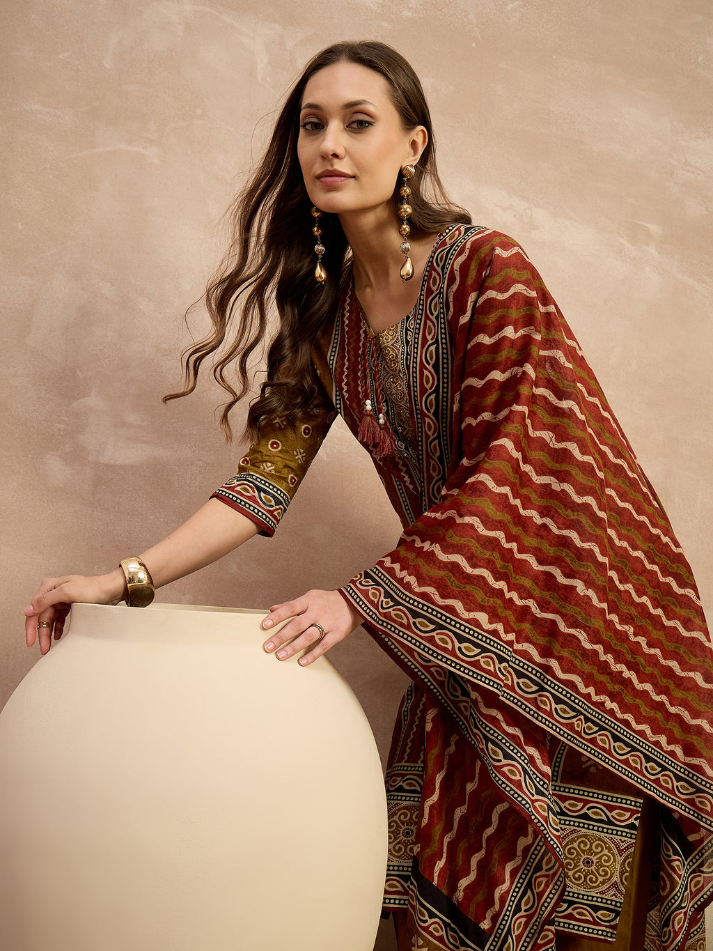 Women Ethnic Motifs Printed Regular Thread Work Pure Cotton Kurta with Trousers & With Dupatta