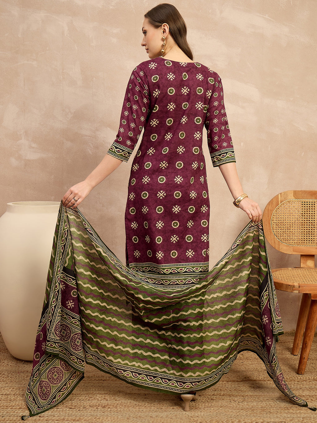Women Ethnic Motifs Printed Regular Pure Cotton Kurta with Trousers & With Dupatta