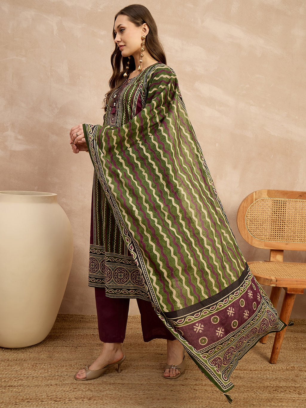 Women Ethnic Motifs Printed Regular Pure Cotton Kurta with Trousers & With Dupatta