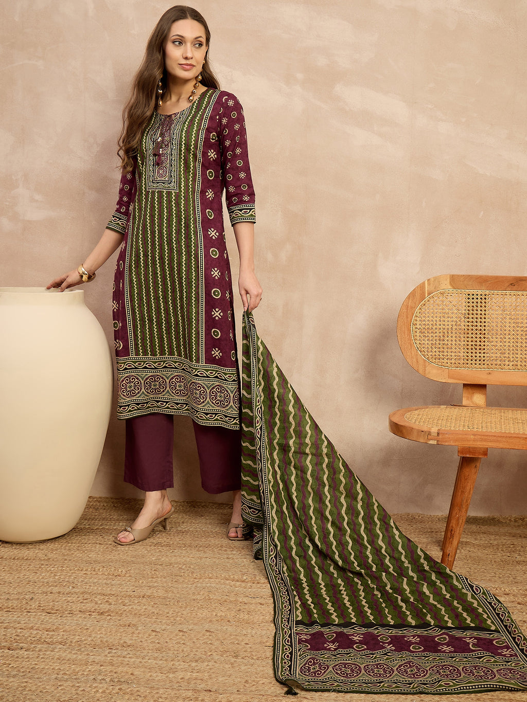 Women Ethnic Motifs Printed Regular Pure Cotton Kurta with Trousers & With Dupatta