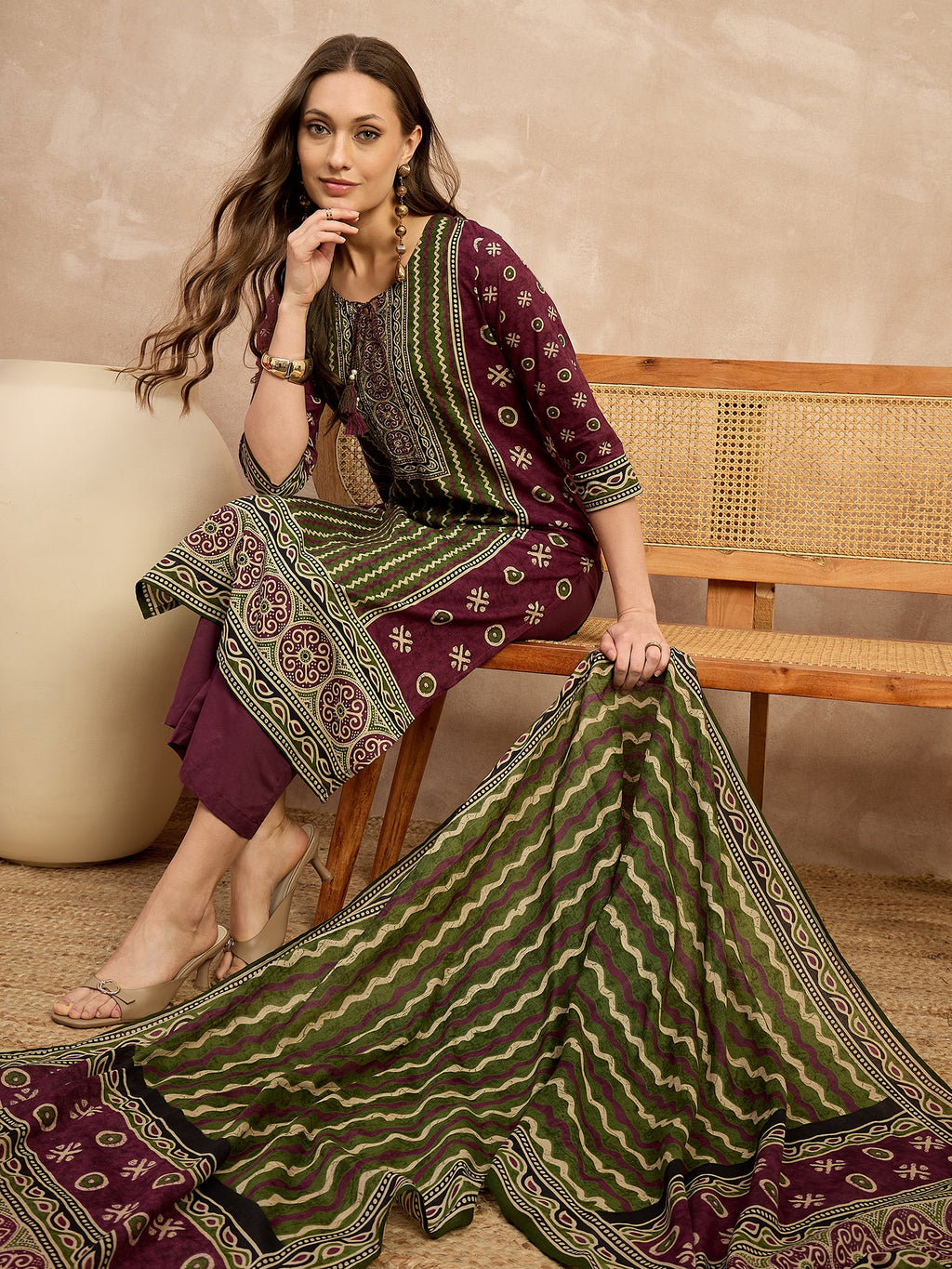 Women Ethnic Motifs Printed Regular Pure Cotton Kurta with Trousers & With Dupatta