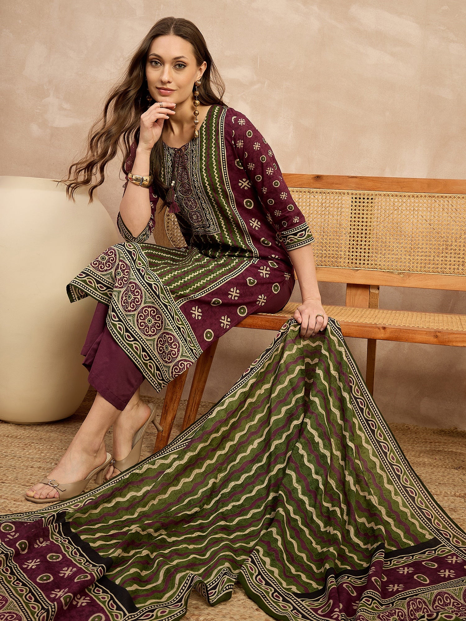 Women Ethnic Motifs Printed Regular Pure Cotton Kurta with Trousers & With Dupatta