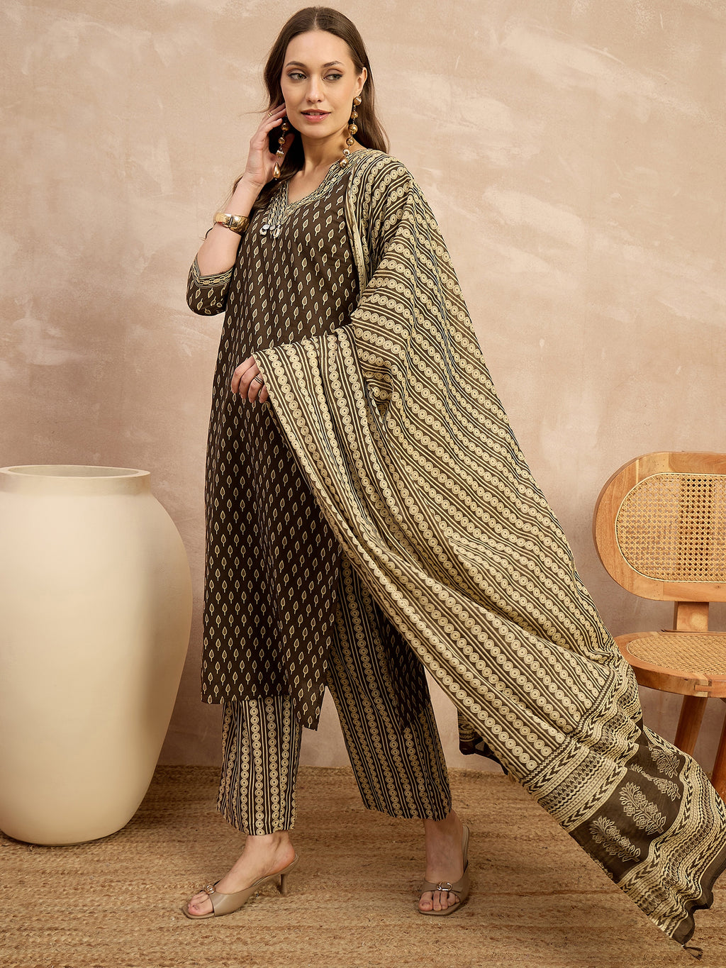 Women Ethnic Motifs Printed Regular Pure Cotton Kurta with Palazzos & With Dupatta