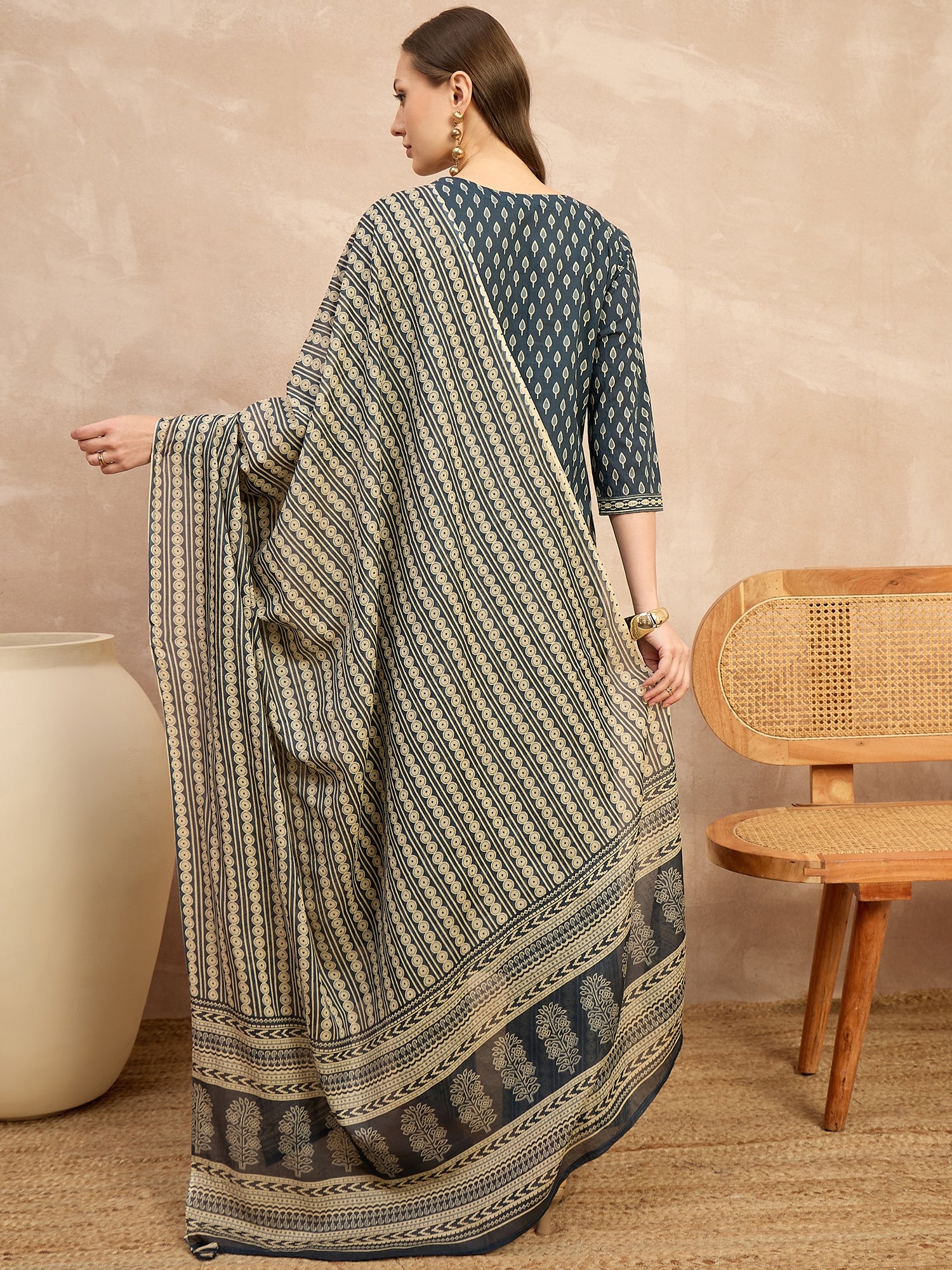 Women Ethnic Motifs Printed Regular Pure Cotton Kurta with Trousers & With Dupatta
