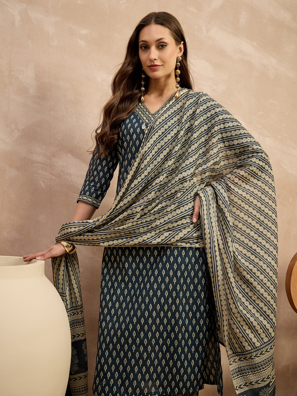 Women Ethnic Motifs Printed Regular Pure Cotton Kurta with Trousers & With Dupatta