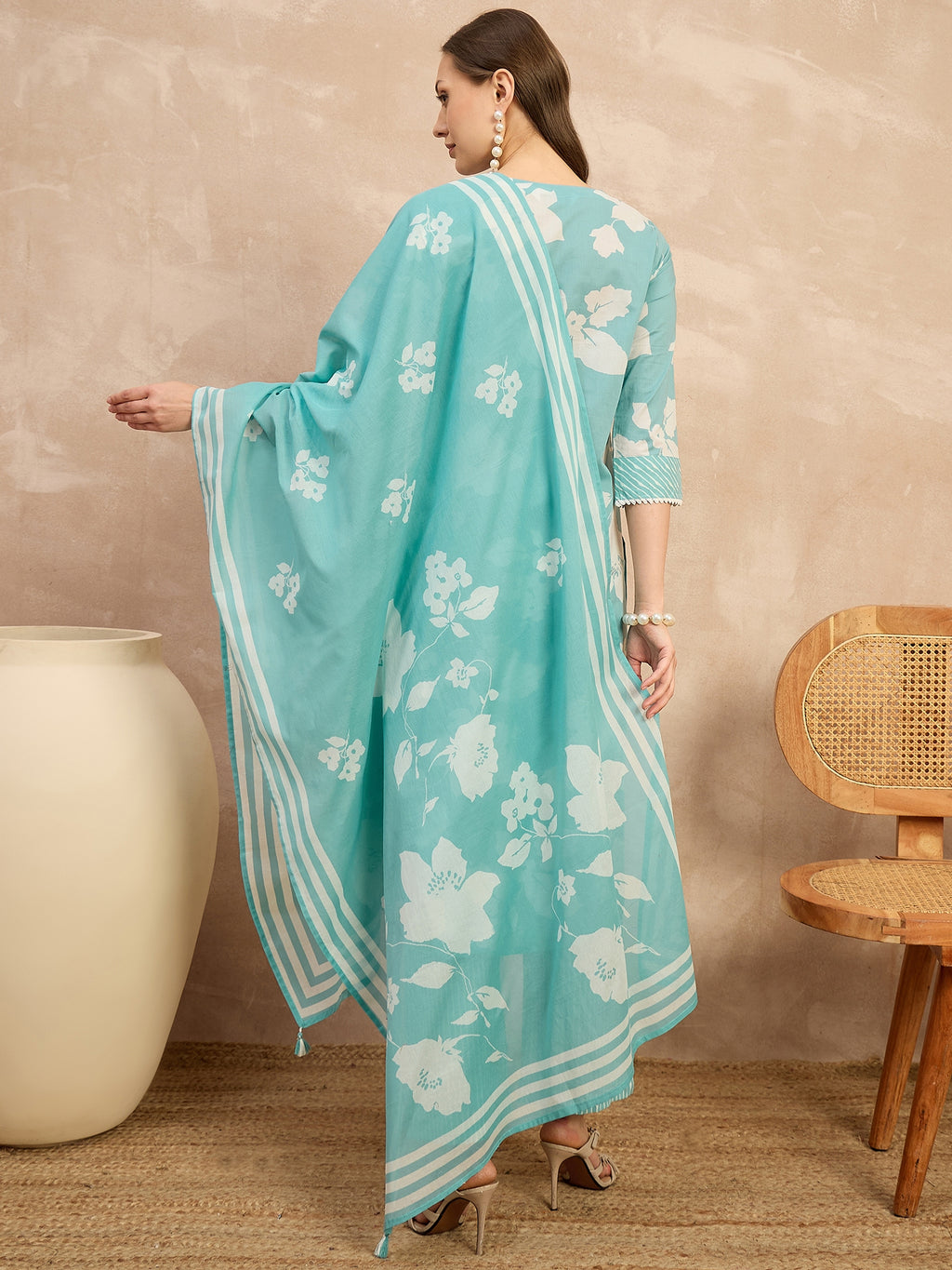 Women Floral Printed Regular Pure Cotton Kurta with Palazzos & With Dupatta