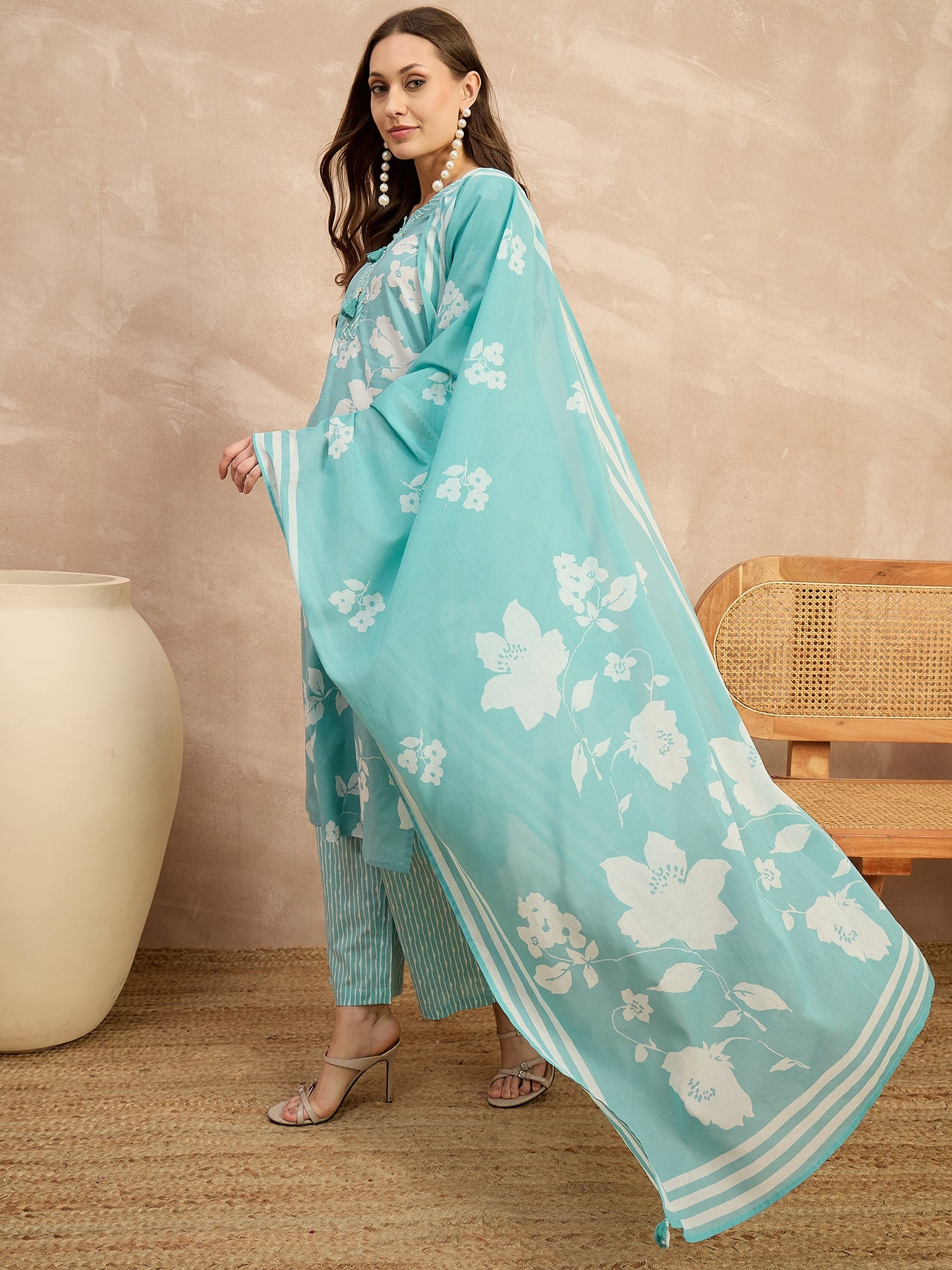 Women Floral Printed Regular Pure Cotton Kurta with Palazzos & With Dupatta