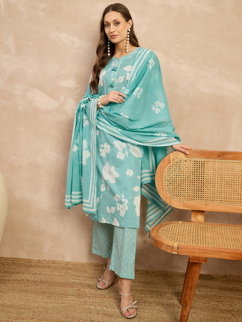 Women Floral Printed Regular Pure Cotton Kurta with Palazzos & With Dupatta