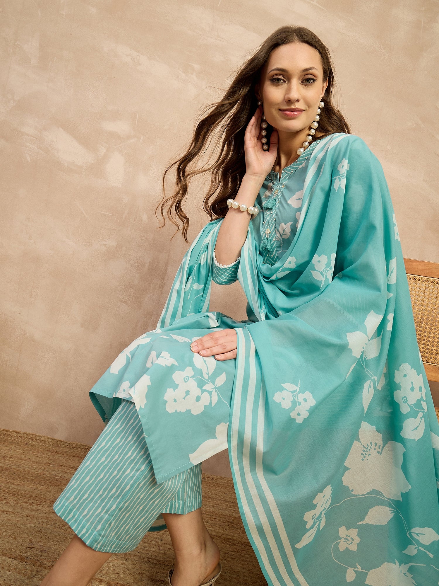 Women Floral Printed Regular Pure Cotton Kurta with Palazzos & With Dupatta