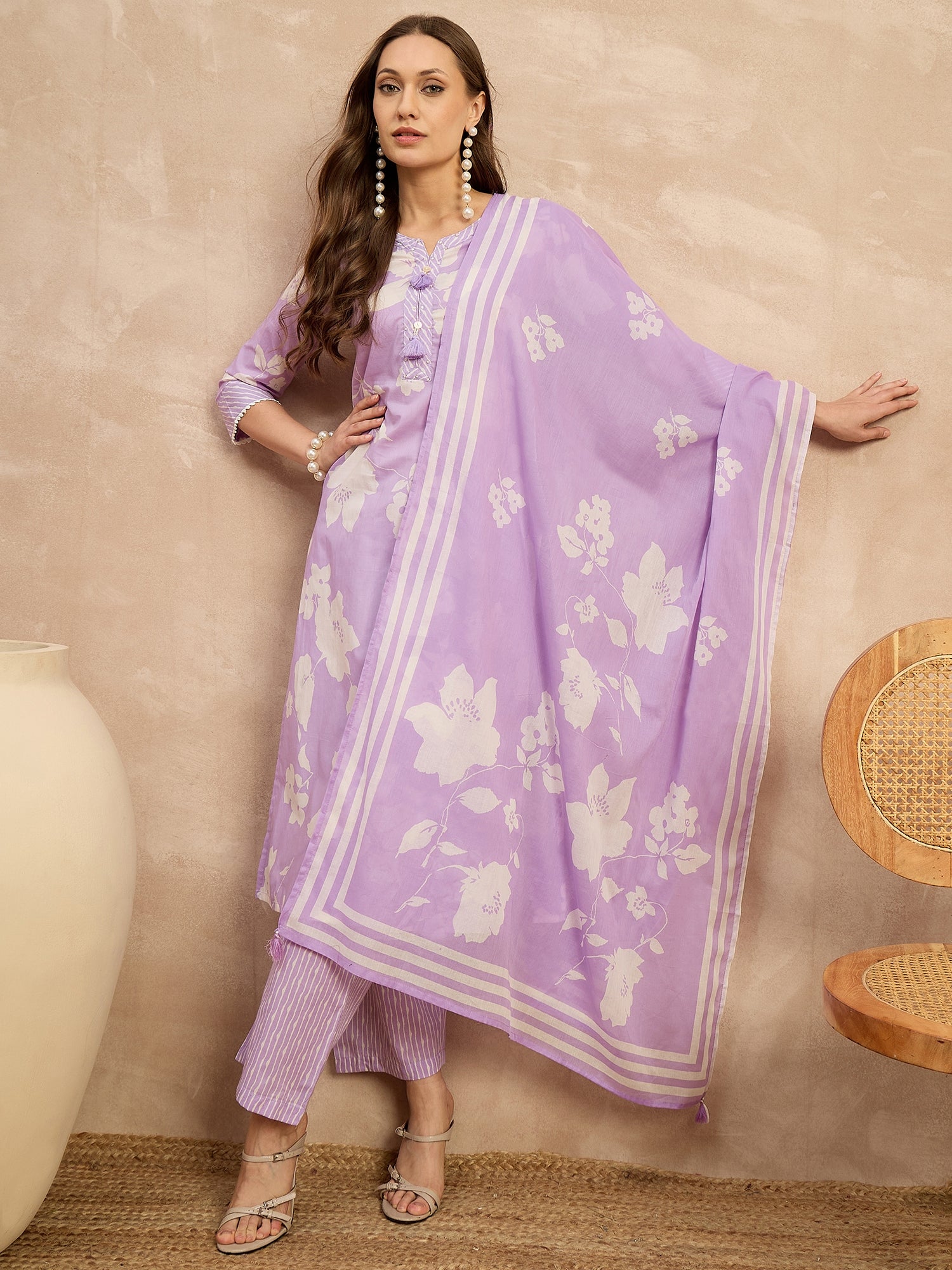 Women Floral Printed Regular Pure Cotton Kurta with Trousers & With Dupatta
