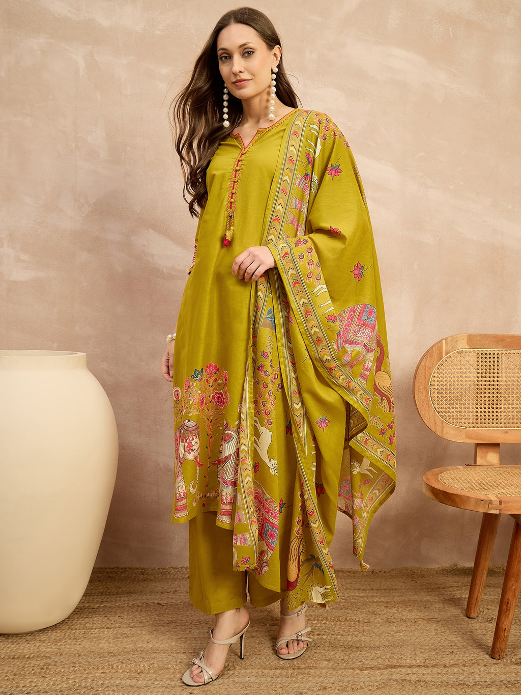 Women Ethnic Motifs Printed Regular Patchwork Pure Cotton Kurta with Palazzos & With Dupatta