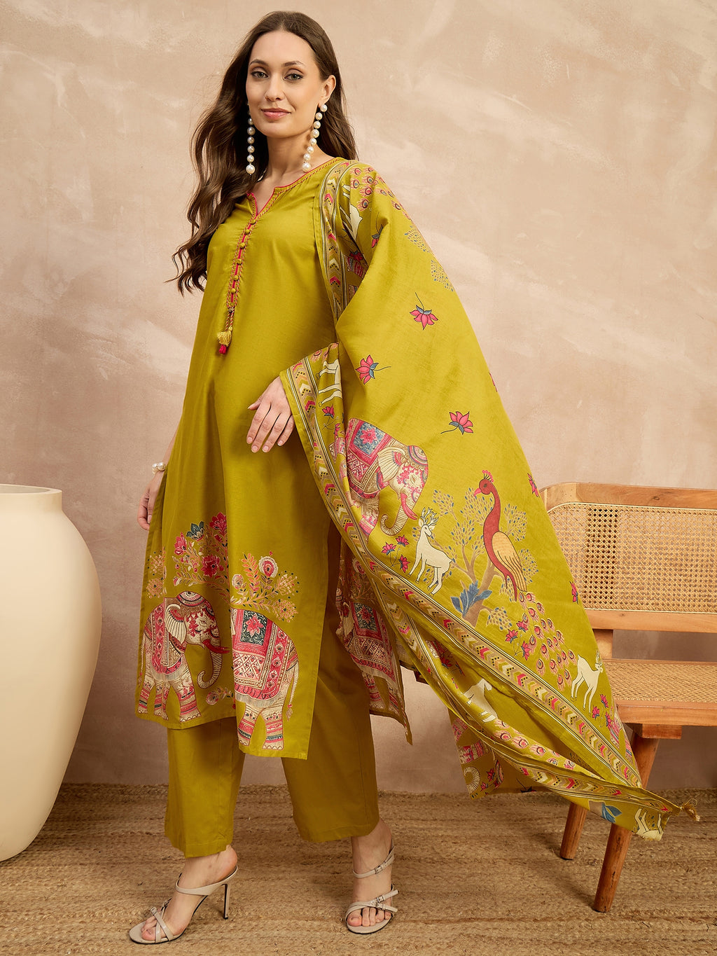 Women Ethnic Motifs Printed Regular Patchwork Pure Cotton Kurta with Palazzos & With Dupatta