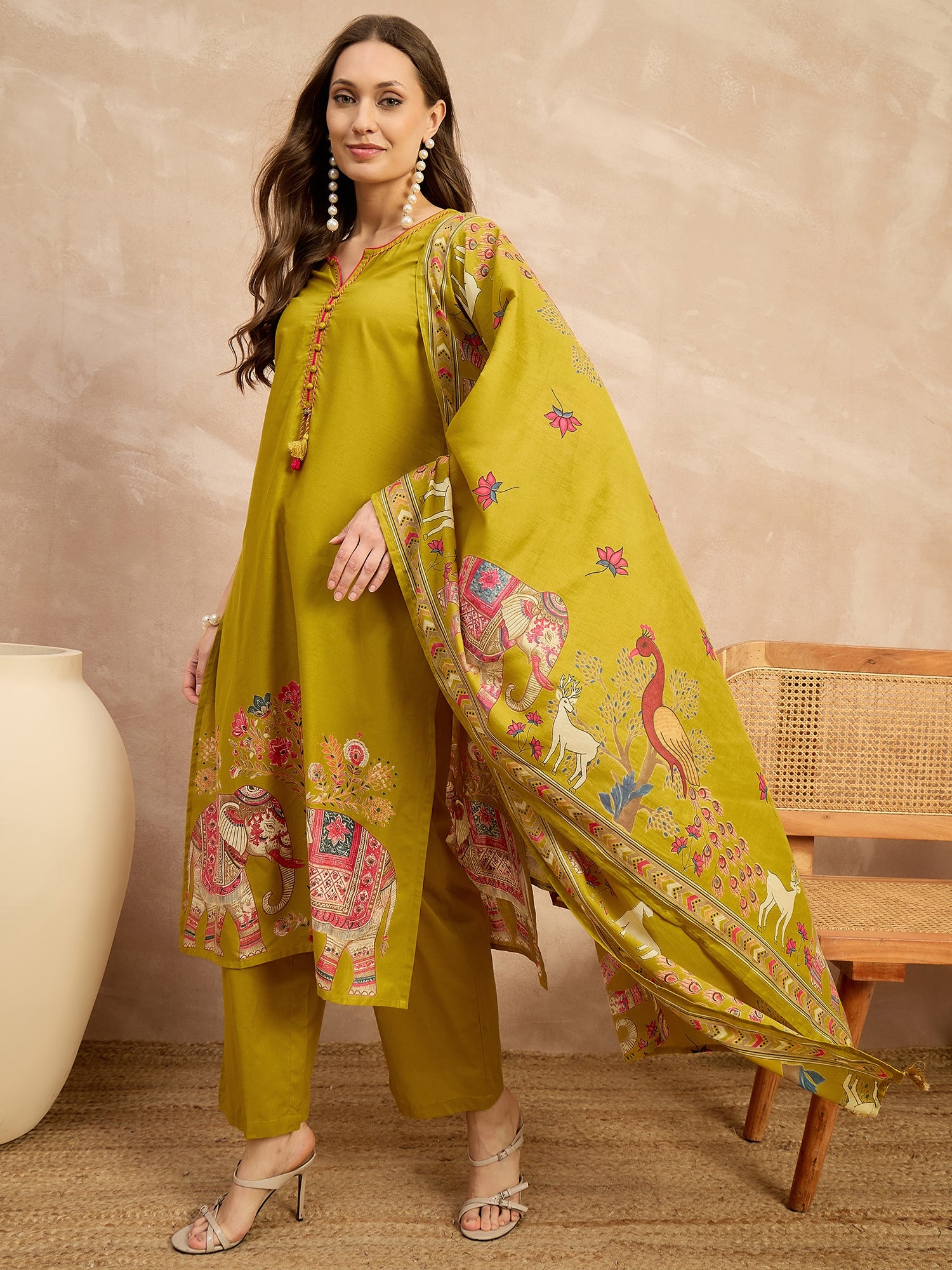 Women Ethnic Motifs Printed Regular Patchwork Pure Cotton Kurta with Palazzos & With Dupatta