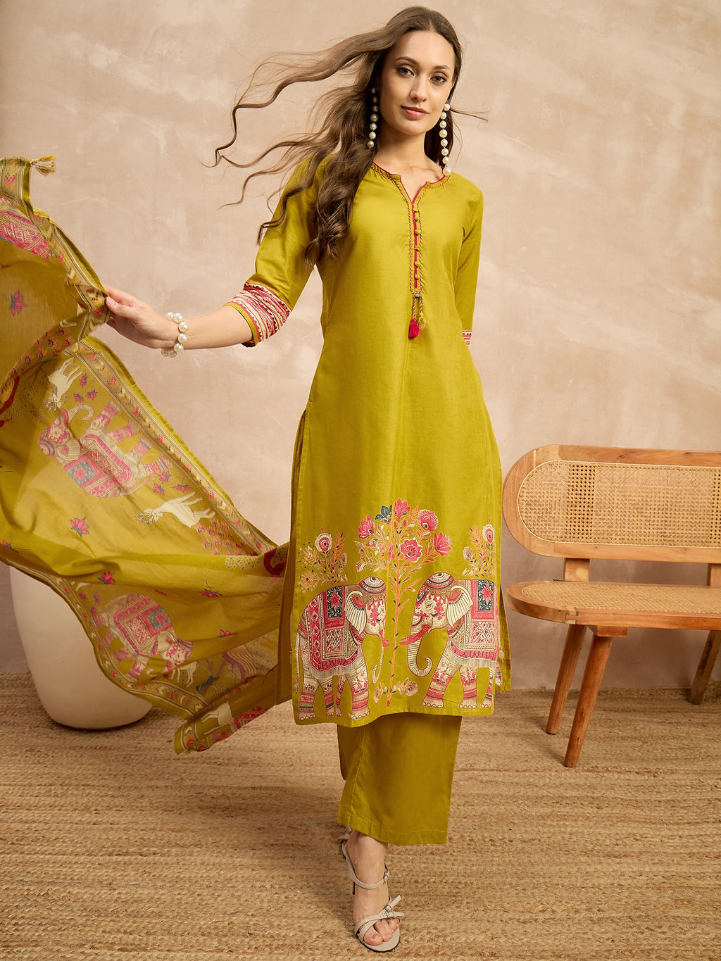 Women Ethnic Motifs Printed Regular Patchwork Pure Cotton Kurta with Palazzos & With Dupatta