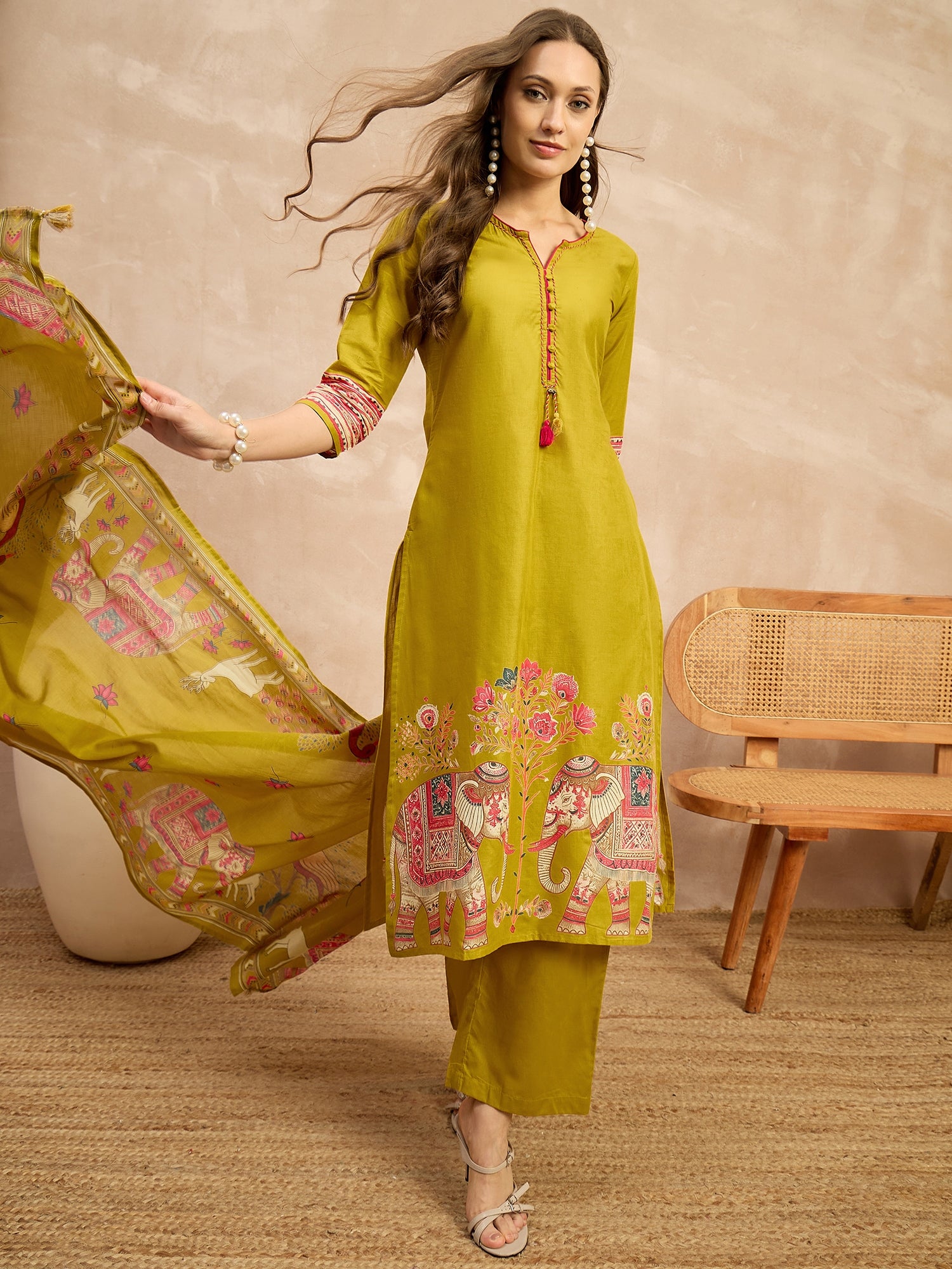 Women Ethnic Motifs Printed Regular Patchwork Pure Cotton Kurta with Palazzos & With Dupatta