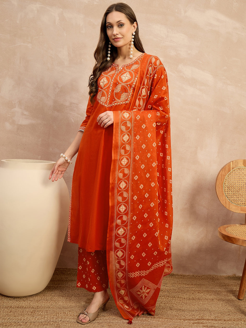 Women Printed Regular Sequinned Pure Cotton Kurta with Trousers & With Dupatta