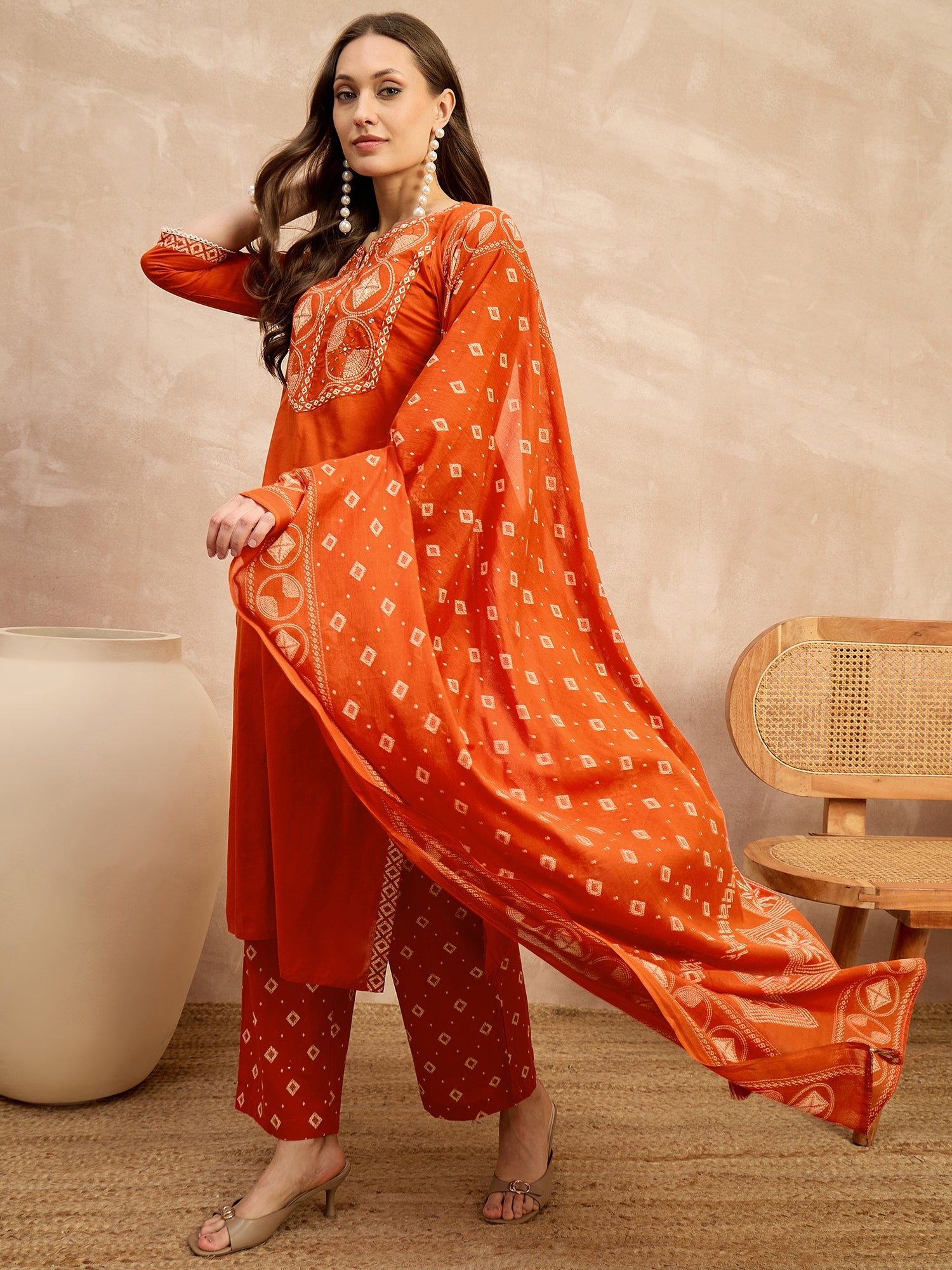 Women Printed Regular Sequinned Pure Cotton Kurta with Trousers & With Dupatta