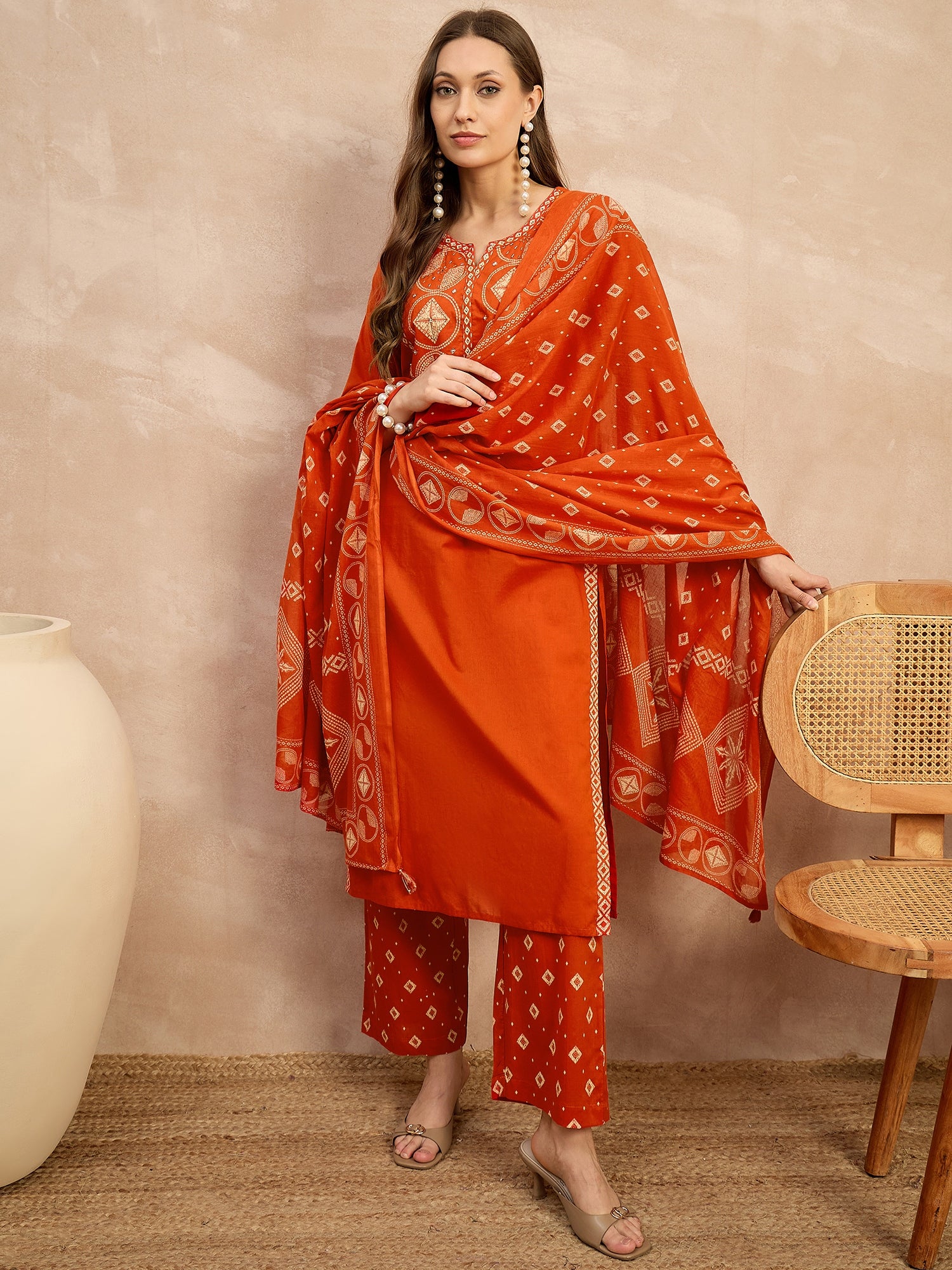 Women Printed Regular Sequinned Pure Cotton Kurta with Trousers & With Dupatta