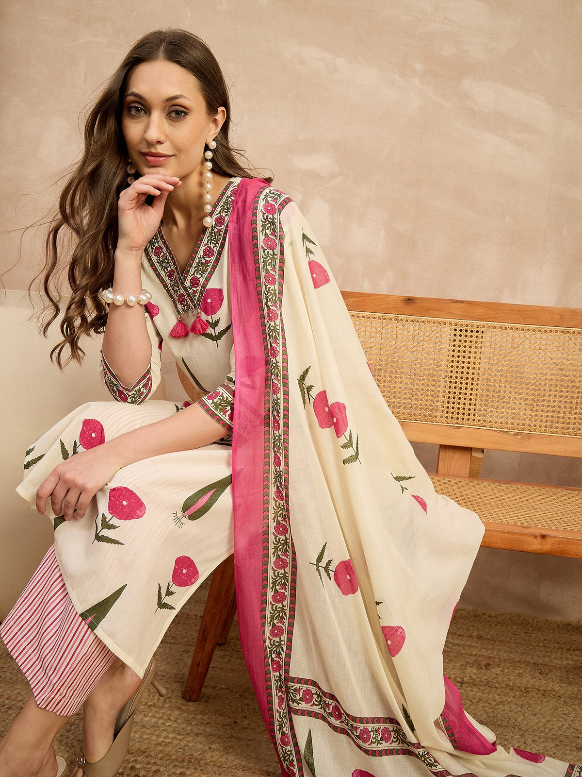 Women Floral Printed Regular Pure Cotton Kurta with Palazzos & With Dupatta