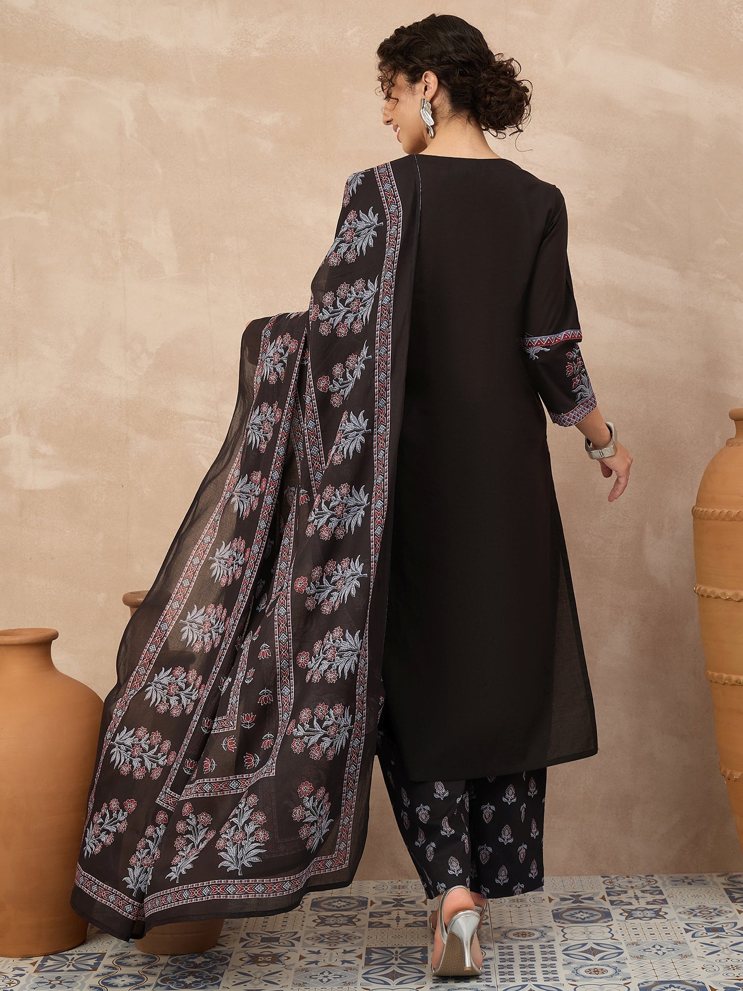 Women Ethnic Motifs Embroidered Regular Thread Work Pure Cotton Kurta with Palazzos & With Dupatta