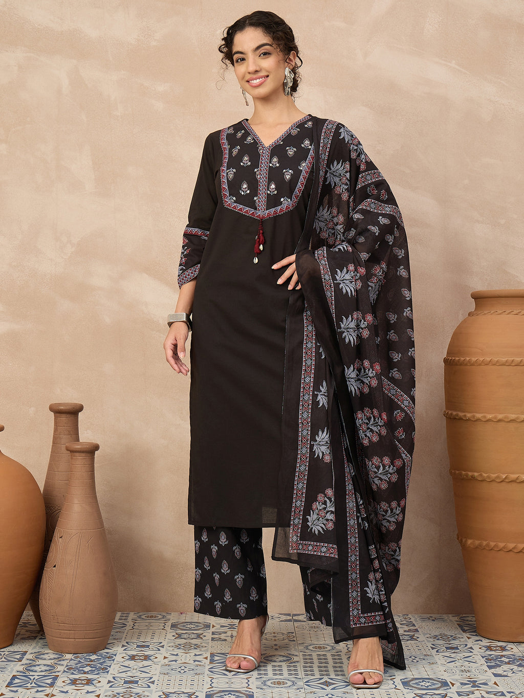 Women Ethnic Motifs Embroidered Regular Thread Work Pure Cotton Kurta with Palazzos & With Dupatta