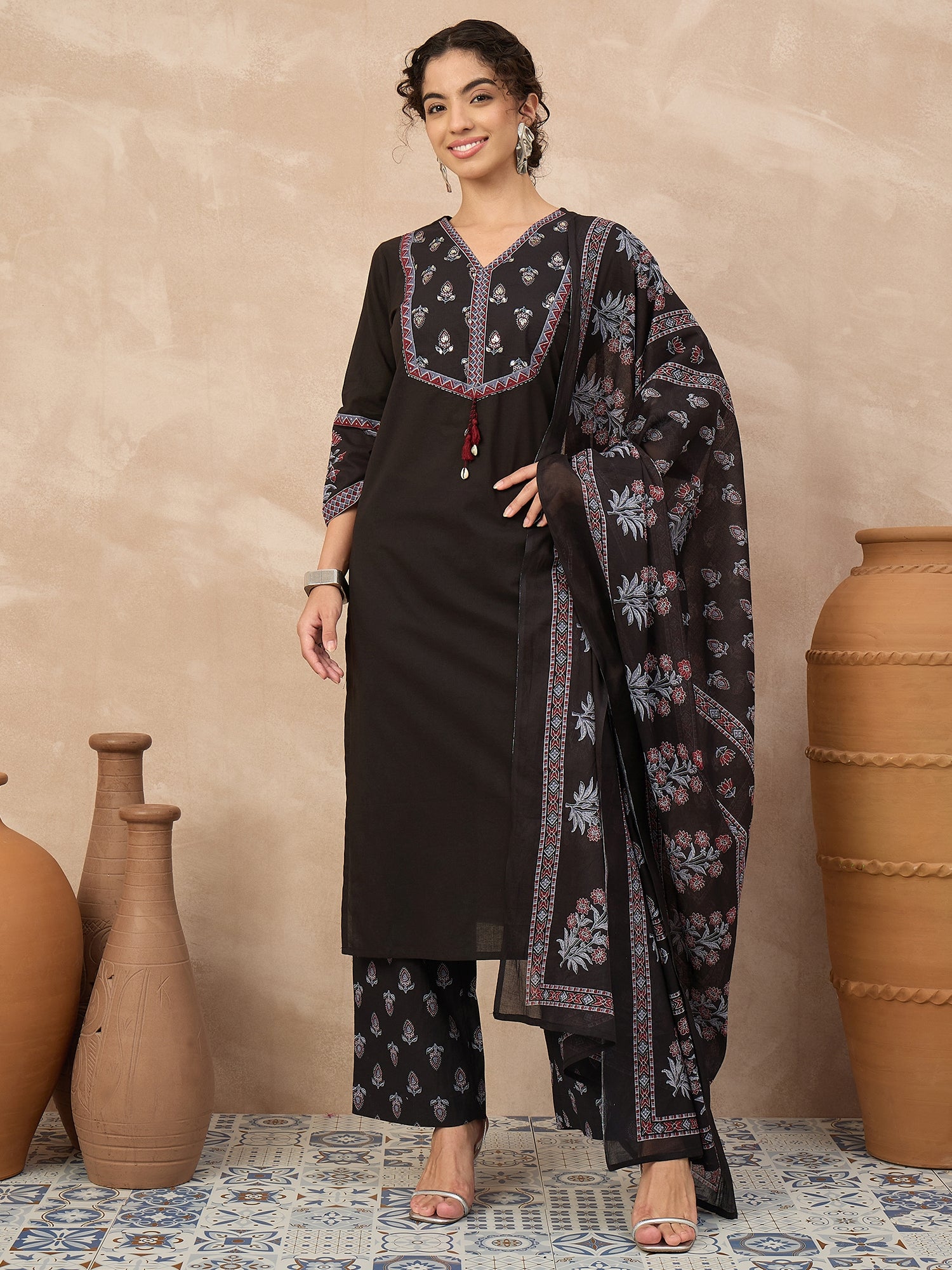 Women Ethnic Motifs Embroidered Regular Thread Work Pure Cotton Kurta with Palazzos & With Dupatta