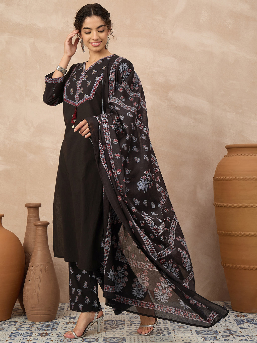 Women Ethnic Motifs Embroidered Regular Thread Work Pure Cotton Kurta with Palazzos & With Dupatta