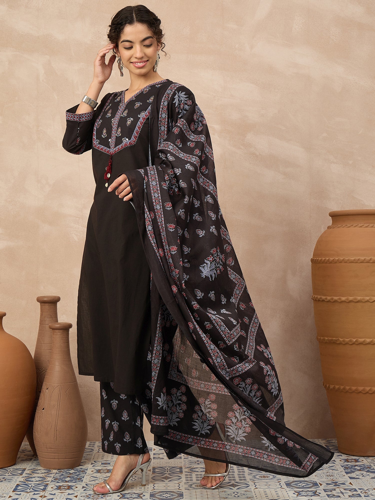 Women Ethnic Motifs Embroidered Regular Thread Work Pure Cotton Kurta with Palazzos & With Dupatta