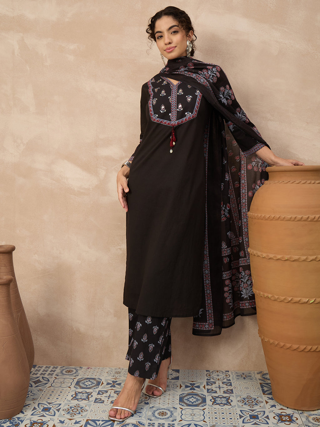 Women Ethnic Motifs Embroidered Regular Thread Work Pure Cotton Kurta with Palazzos & With Dupatta