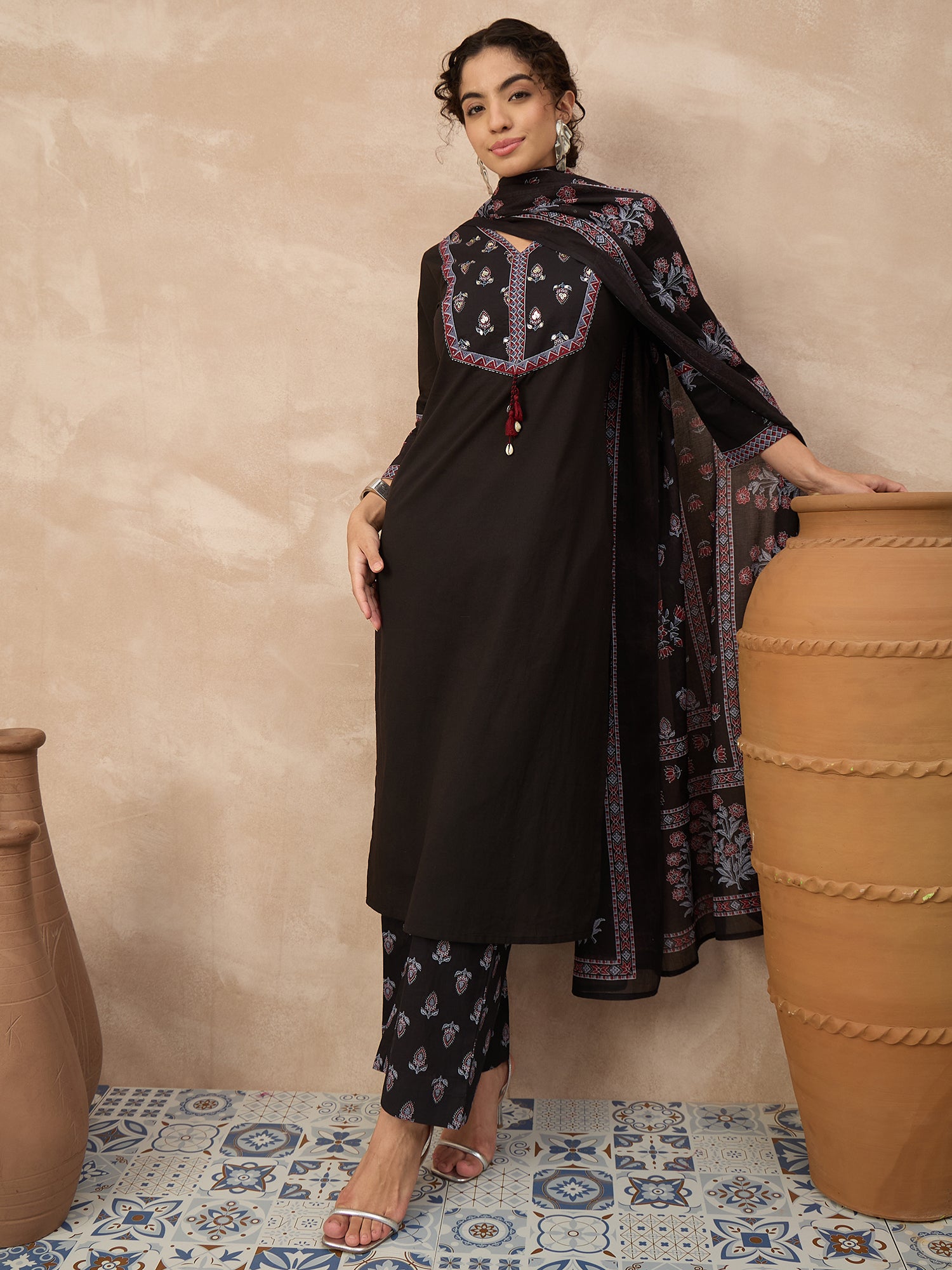 Women Ethnic Motifs Embroidered Regular Thread Work Pure Cotton Kurta with Palazzos & With Dupatta