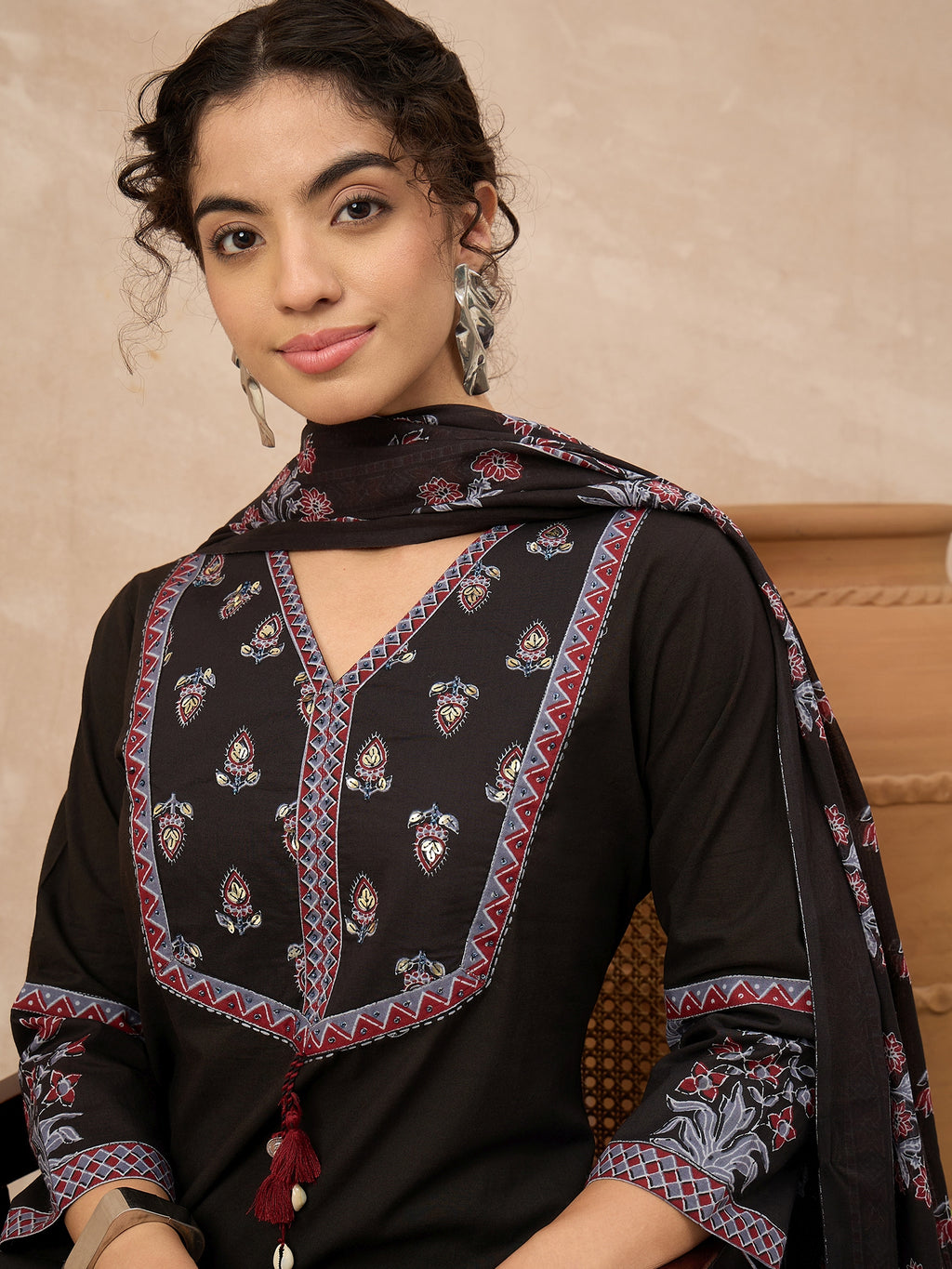 Women Ethnic Motifs Embroidered Regular Thread Work Pure Cotton Kurta with Palazzos & With Dupatta