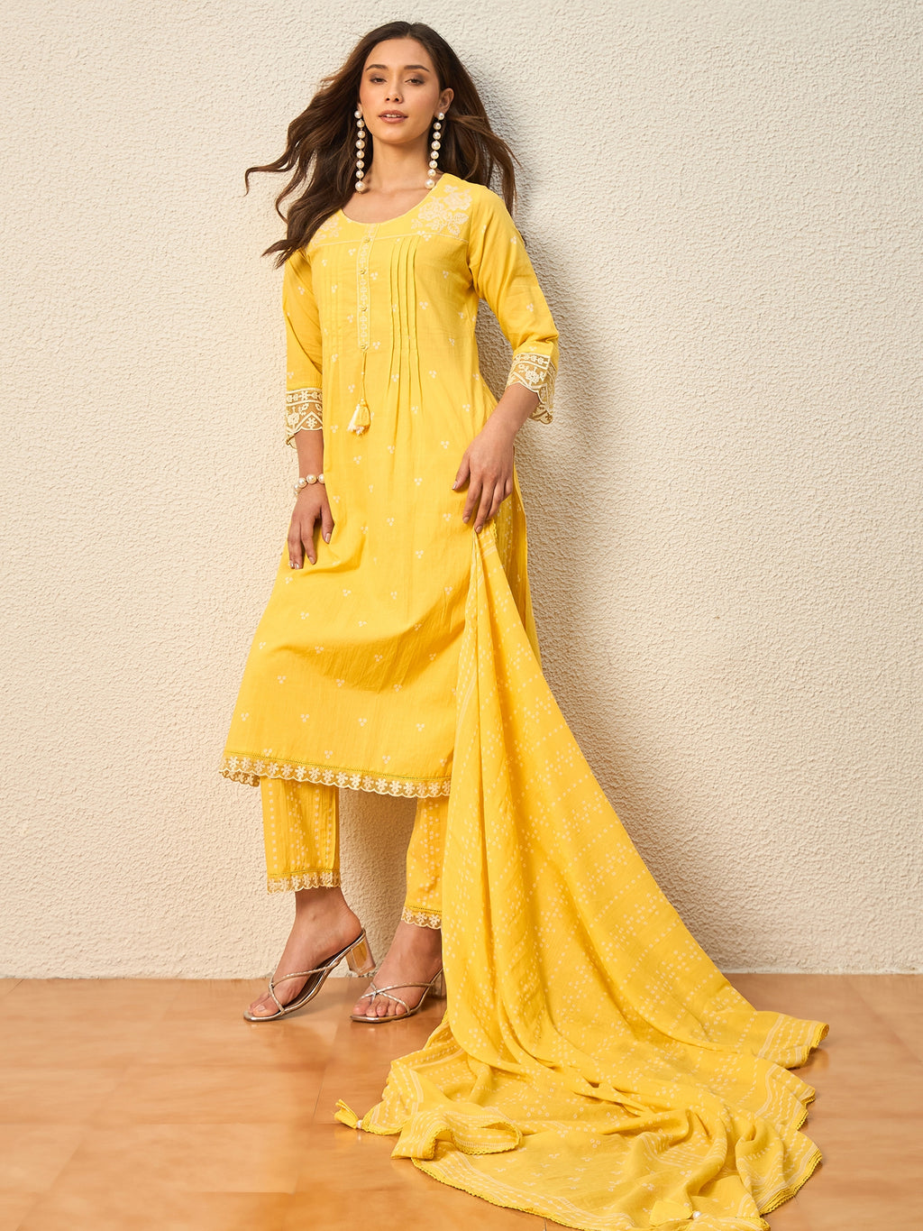 Women Ethnic Motifs Printed Regular Thread Work Pure Cotton Kurta with Trousers & With Dupatta