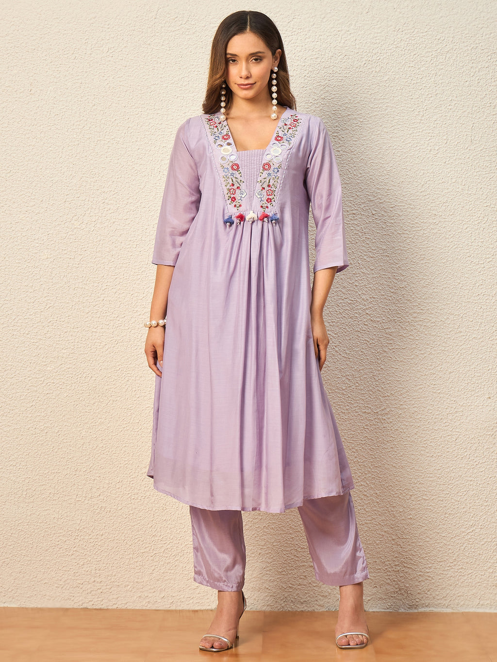 Women Floral Embroidered Empire Mirror Work Raw Silk Kurta with Trousers & With Dupatta