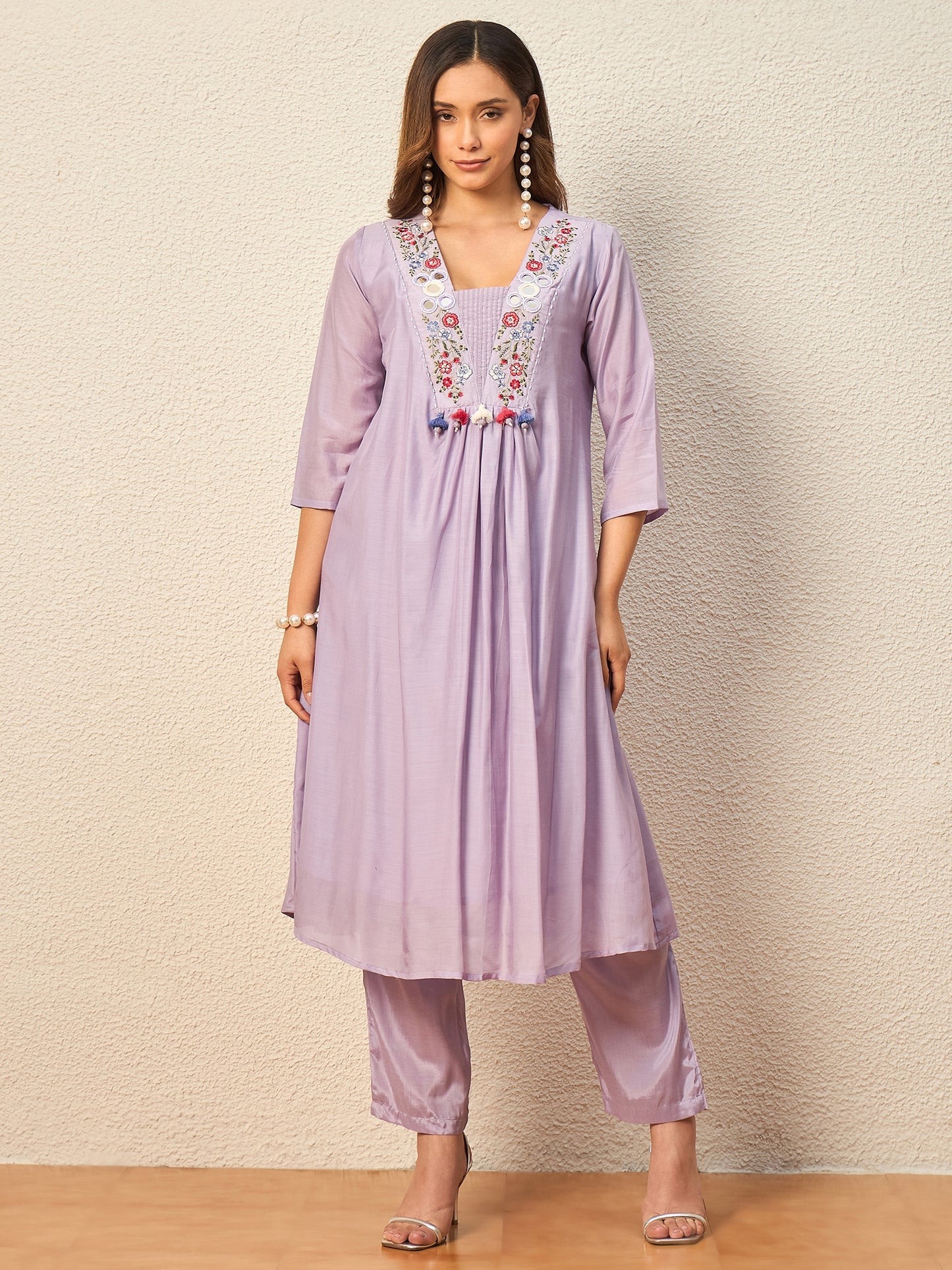 Women Floral Embroidered Empire Mirror Work Raw Silk Kurta with Trousers & With Dupatta